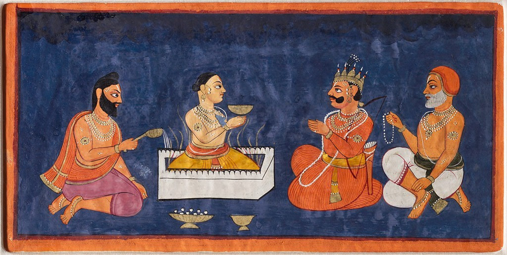 The painting depicts a type of purification ceremony for a male youth, possibly a prince. He sits in a white, square basin while a male figure adds water to the inside of the structure. Steam, represented by gold lines, emerges from the structure. Knee...

Harvard Art Museums/Arthur M. Sackler Museum, Gift of John Kenneth Galbraith