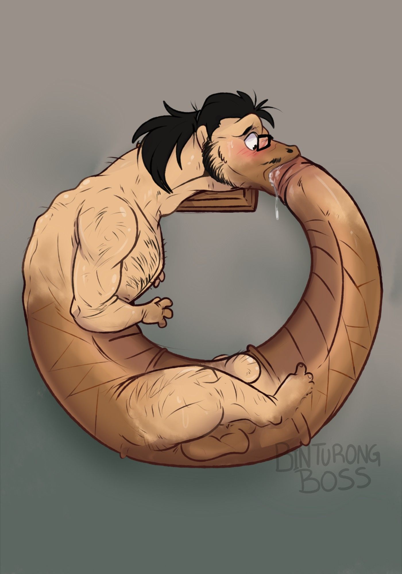 Zil is transforming into an Ouroborous door knocker. His mouth is sucking on his cock, which has become the 'tail' of the knocker, while he hardens and his limbs shrink. He is already merged to the knocker attachment for the door #TFTuesday #TFEveryday #transfur