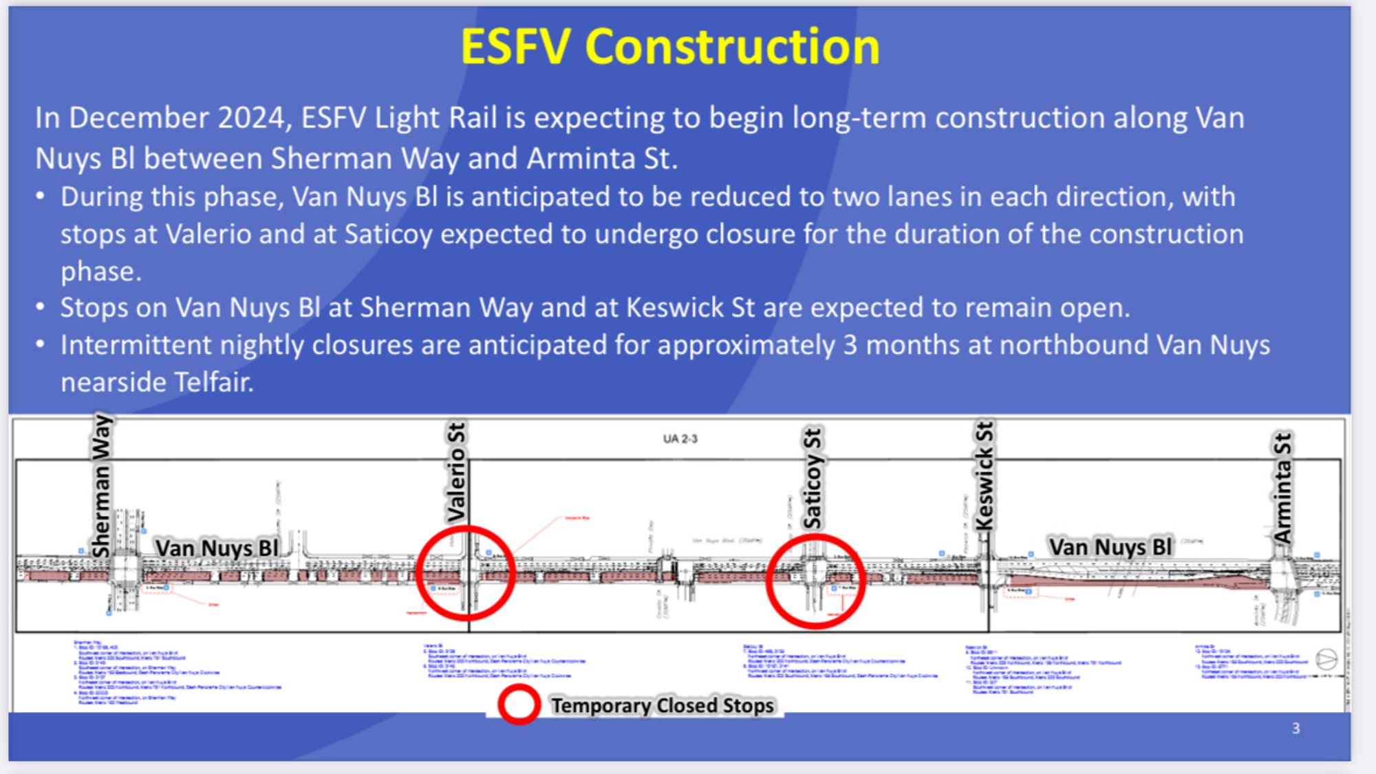 ESFV Construction
In December 2024, ESFV Light Rail is expecting to begin long-term construction along Van Nuys Bl between Sherman Way and Arminta St.
• During this phase, Van Nuys Bl is anticipated to be reduced to two lanes in each direction, with stops at Valerio and at Saticoy expected to undergo closure for the duration of the construction phase.
• Stops on Van Nuys Bl at Sherman Way and at Keswick St are expected to remain open.
• Intermittent nightly closures are anticipated for approximately 3 months at northbound Van Nuys nearside Telfair.