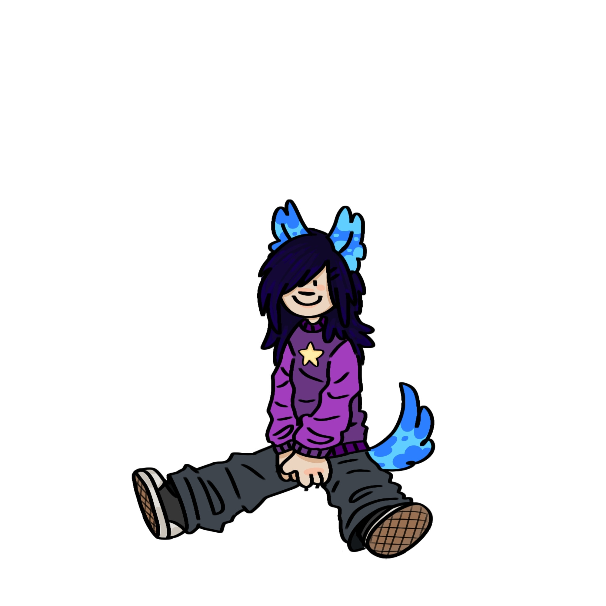 A drawing of my original character sitting in a white void.
They have dark blue hair and lighter blue dog ears and tail.
They're wearing a purple sweater with a yellow star in the middle. Gray baggy pants and converse looking shoes.