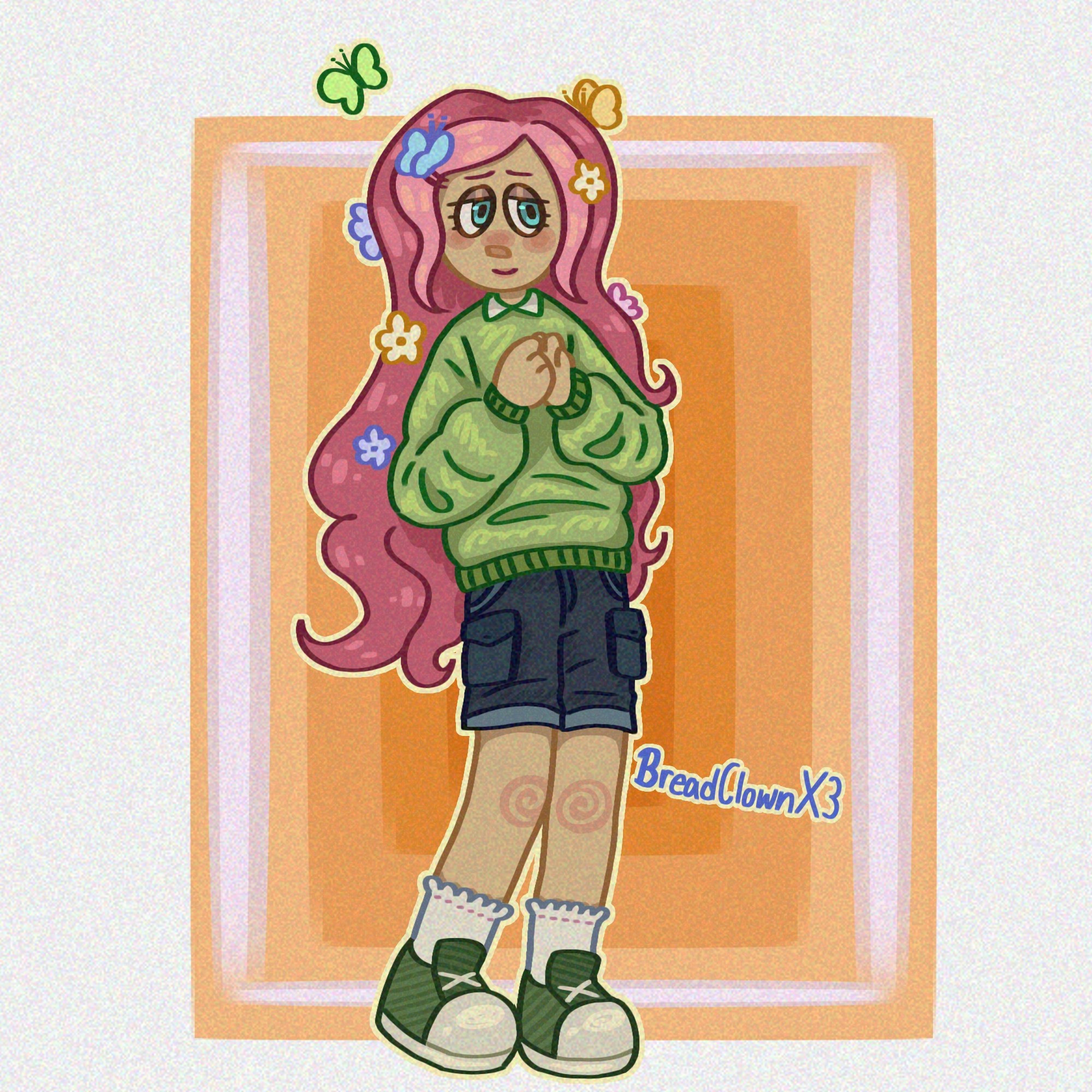 My design of human fluttershy from my little pony.
She has her long pink hair and it's slightly curly.
She's wearing a light green sweater. Dark, blue or gray, cargo shorts. And darker green sneakers with some simple white socks.
She also has a few small flowers in her hair.