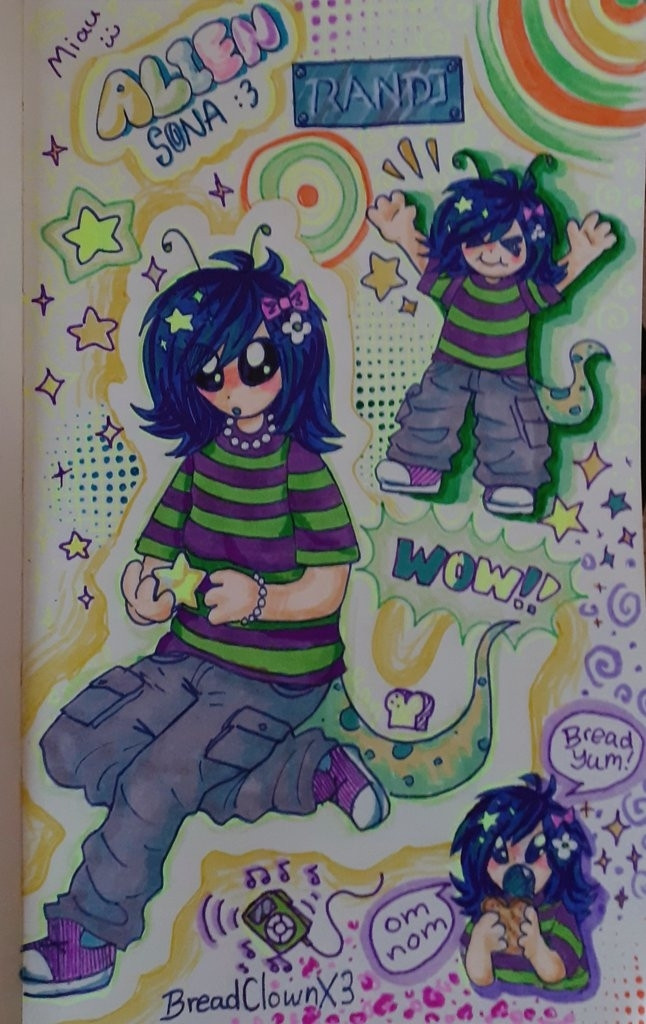 My persona but as an alien.
They have dark blue hair and wear lots of accessories on it, like a glowing star, a flower and a pink bow.
They're wearing a purple and green stripped t-shirt. A pair of light gray cargo pants and purple sneakers.
They also have big pearly black eyes, antennas and a weird lizard looking tail.
There's 2 mini version of them in the background. One is cheering with their arms up and the other is eating a piece of toast.
The background is decorated with a variety of shapes coloured in yellow, green, purple and orange.