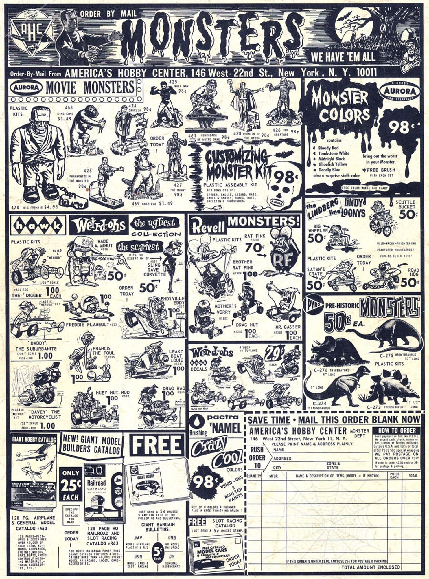 Vintage mail order, black and white ad for America’s Hobby Center’s model kits