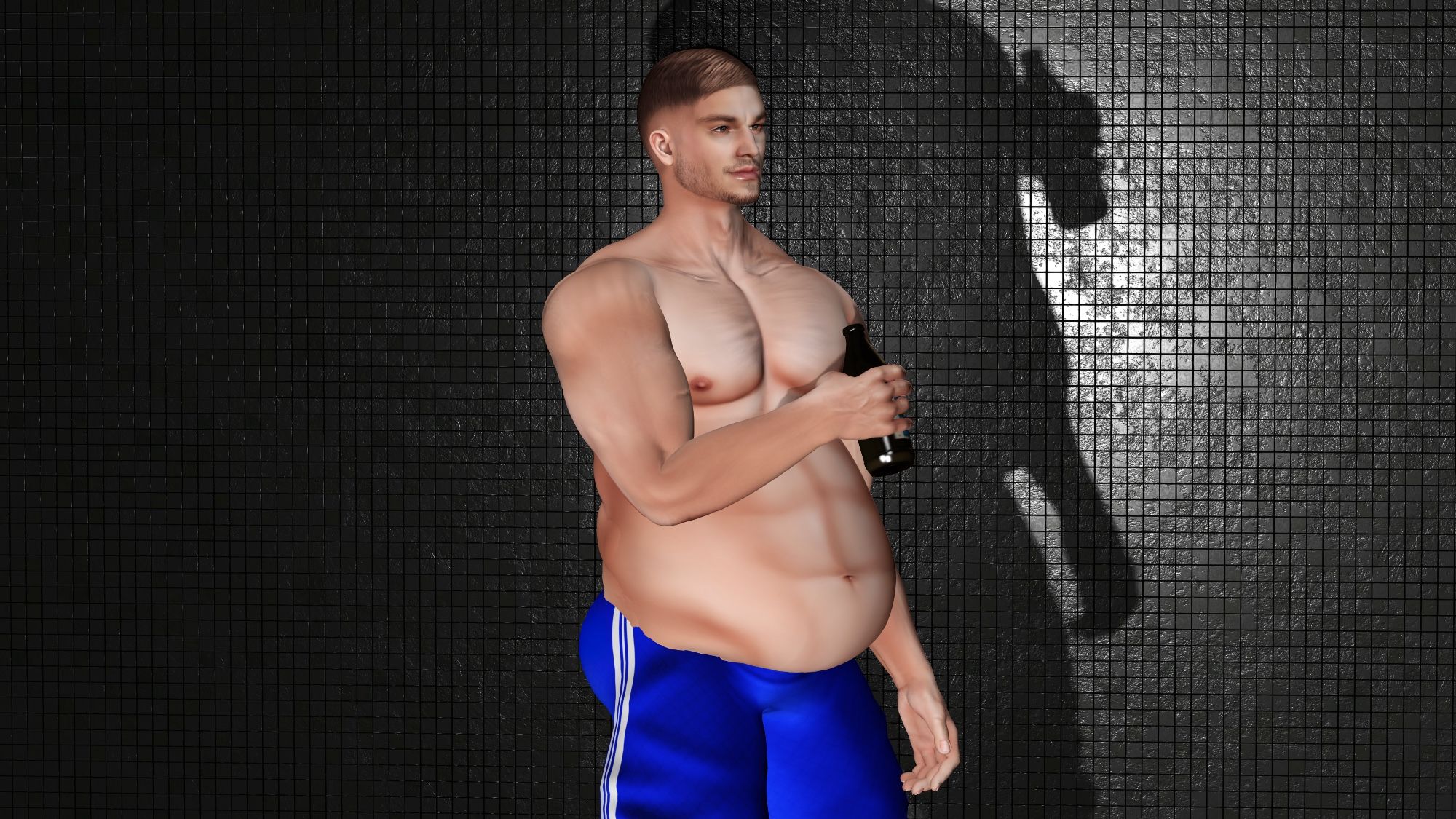 A shirtless man with a large belly stands in a relaxed pose, holding a beer bottle in one hand. He has short brown hair and a trimmed beard. He wears loose-fitting blue shorts with white stripes along the sides. His muscular arms contrast with his large abdomen, giving him a strong yet hefty appearance. The background consists of a dark, textured grid-like wall, and his shadow is cast on it, adding depth to the scene.