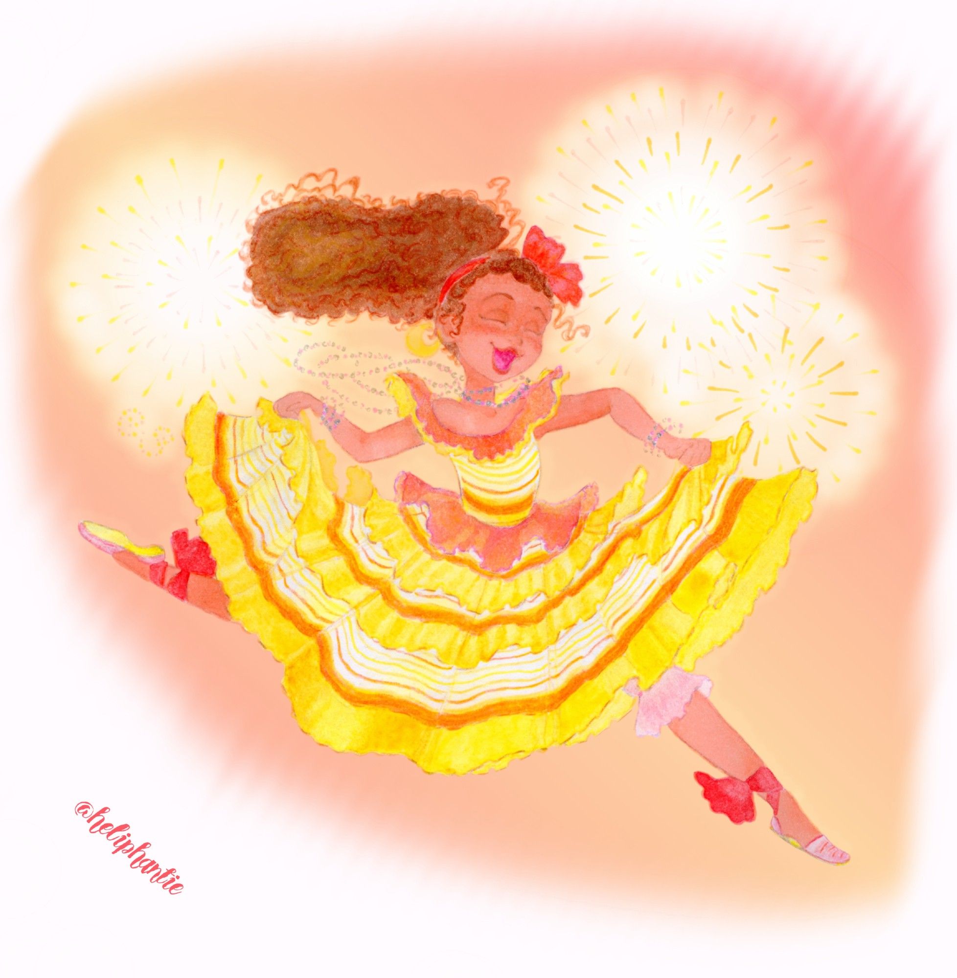 Fanart depicting Dolores from “Encanto” movie in happy leap with fireworks for background. She’s wearing dress inspired by Cuban national clothes, in yellow, orange and red colors.