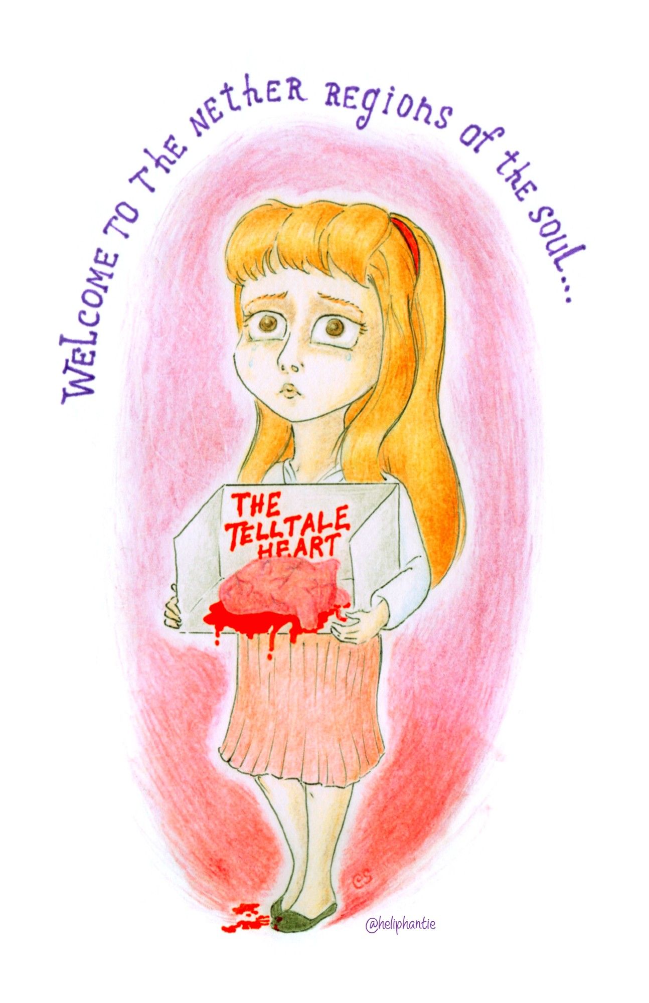 Fanart depicts Allison Taylor from “The Simpsons” episode “Lisa’s Rival”, who stands mortified, tears dropping from her eyes, holding a diorama box with bleeding cow heart and “The Telltale Heart” written in blood inside the box. There’s quote from Bart, “Welcome to the nether regions of the soul”, written above her.