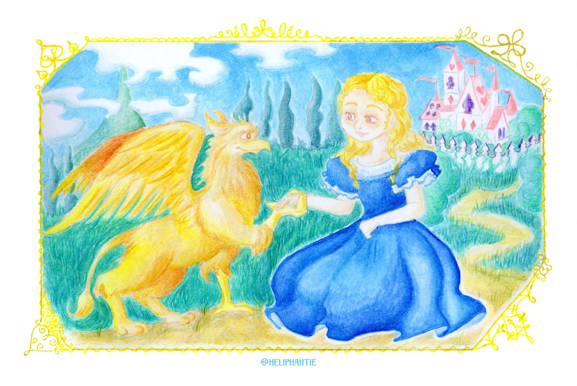 Fairytale illustration in patterned frame imitating gold, in the style reminiscent of old West-European manuscript. 
It depicts young blonde girl in blue dress with bell skirt sitting on the ground, and the small, perhaps the size of young labrador, gryphon with golden fur and wings, left to her, who courteously clasps her hand with his foreleg (that, as traditionally depicted, has a bird claw). In background, there is green scenery, with a mountain peak surrounded by clouds and castle resembling house of cards on the hill, against blue sky.