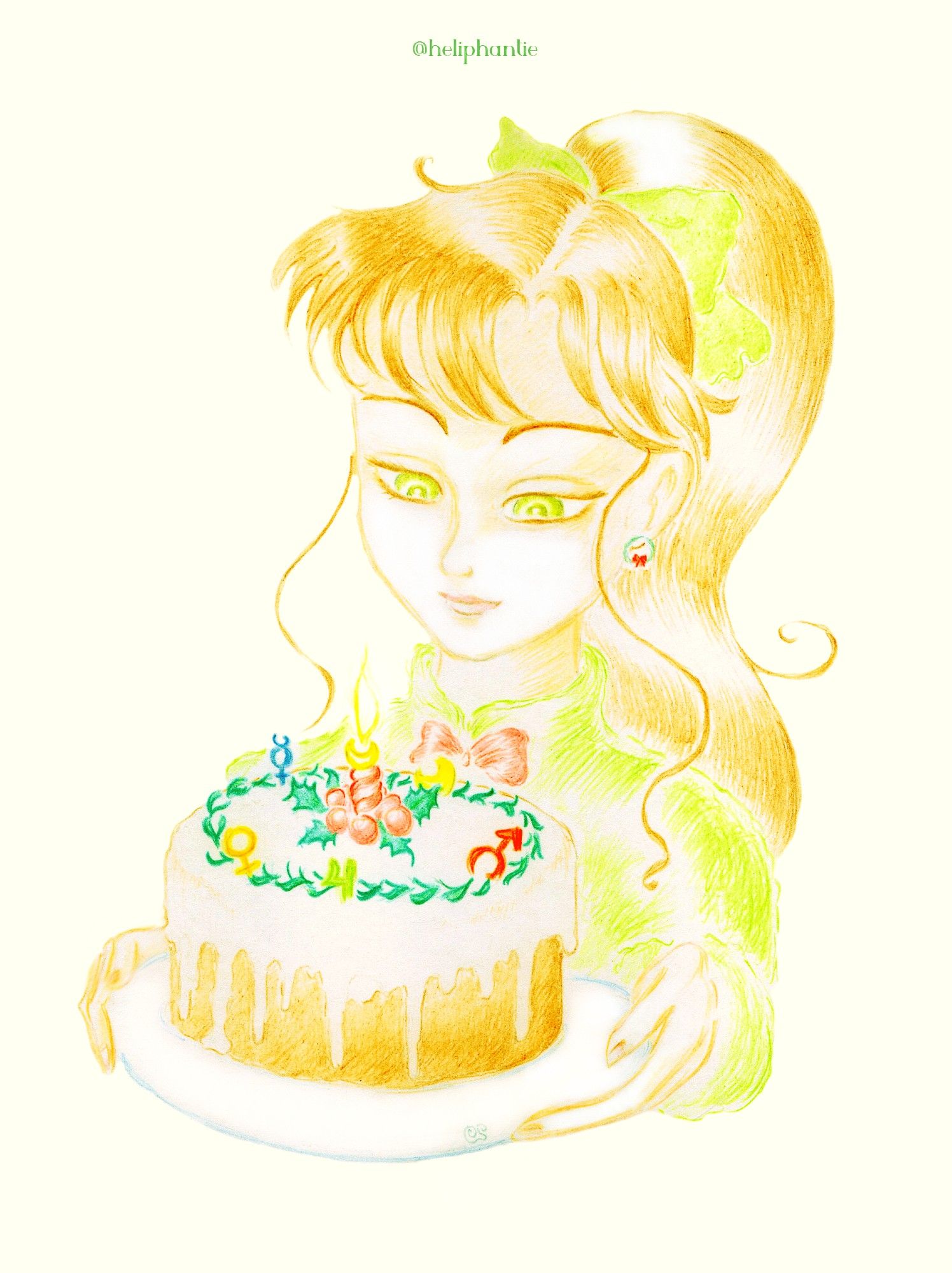 Fanart depicting Makoto Kino from Sailor Moon holding medium-sized Christmas cake with single candle in the middle of it and decorated with planet signs of four Inner Senshi, including yellow half-moon among them.