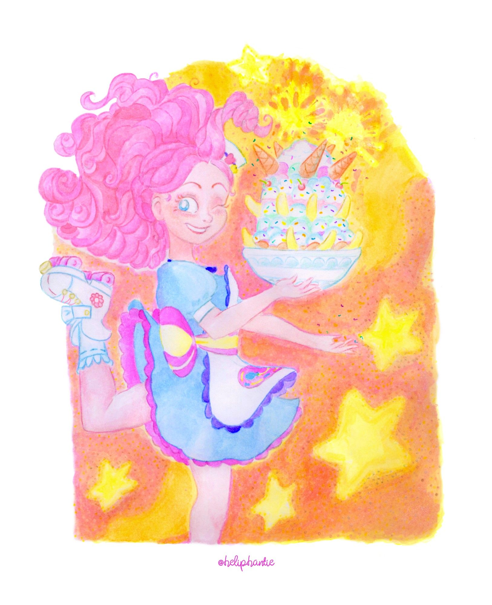 Fanart based on Equestria Girls short “Coinky-Dink World”, depicting human Pinkie as waitress in a diner, dressed in blue uniform with apron that has embroidered image of heart shape with Pinkie’s cutie mark inside, and wearing roller skates. Pinkie appears skating with one leg in the air behind her, revealing the skate. In one hand, he carries massive sundae, covered with her explosive sprinkles, in a bowl, and cheerfully winks at viewer. Background is abstract, consists of hues of pink and orange and five-pointed stars.