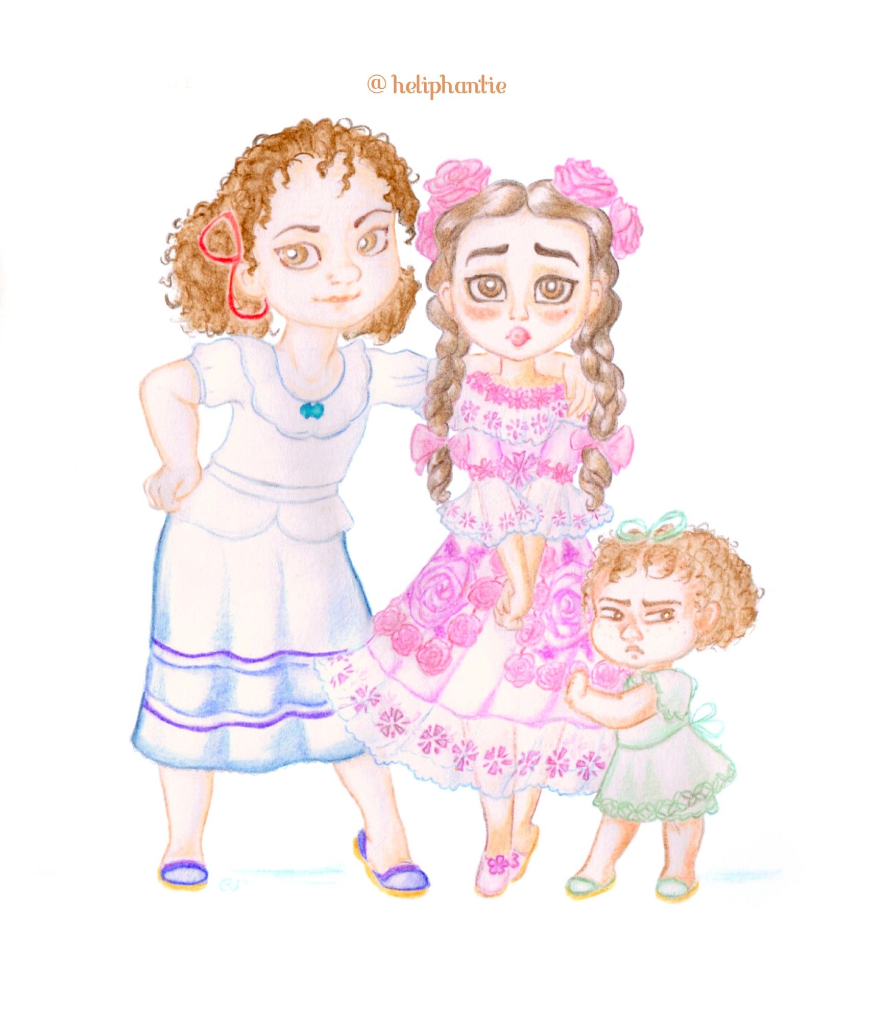 Fanart inspired by “Encanto” movie: Full-body image of three sisters: Isabela (impossible beautiful 8-9 year old with two braids and roses in her hair, dressed in lilac and pink dress decorated by flowers made of fabric) is standing timidly clutching her hands under watchful protection of Luisa (sturdy 7-8 year old with two fluffy pigtails, half-head taller than her older sister), who has her hand around Isa's shoulders, and Mirabel (short grouchy 2 year old in turquoise dress), who is clutching to Isabela’s skirt.