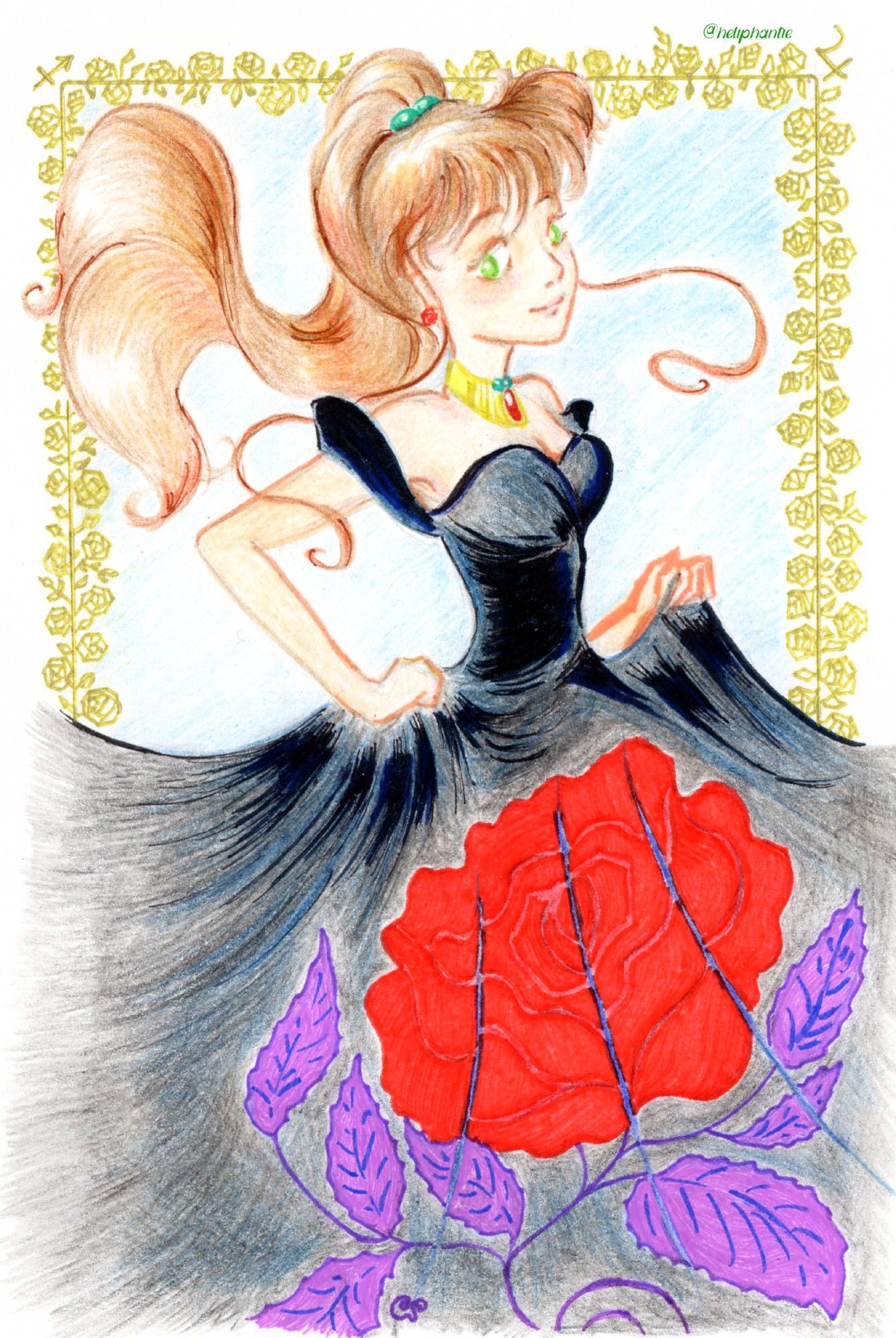 Fanart based on 90’s Sailor Moon anime, depicting Makoto Kino wearing black ballroom dress with large embroidered image of red rose across the skirt, as seen in episode of SuperS series.