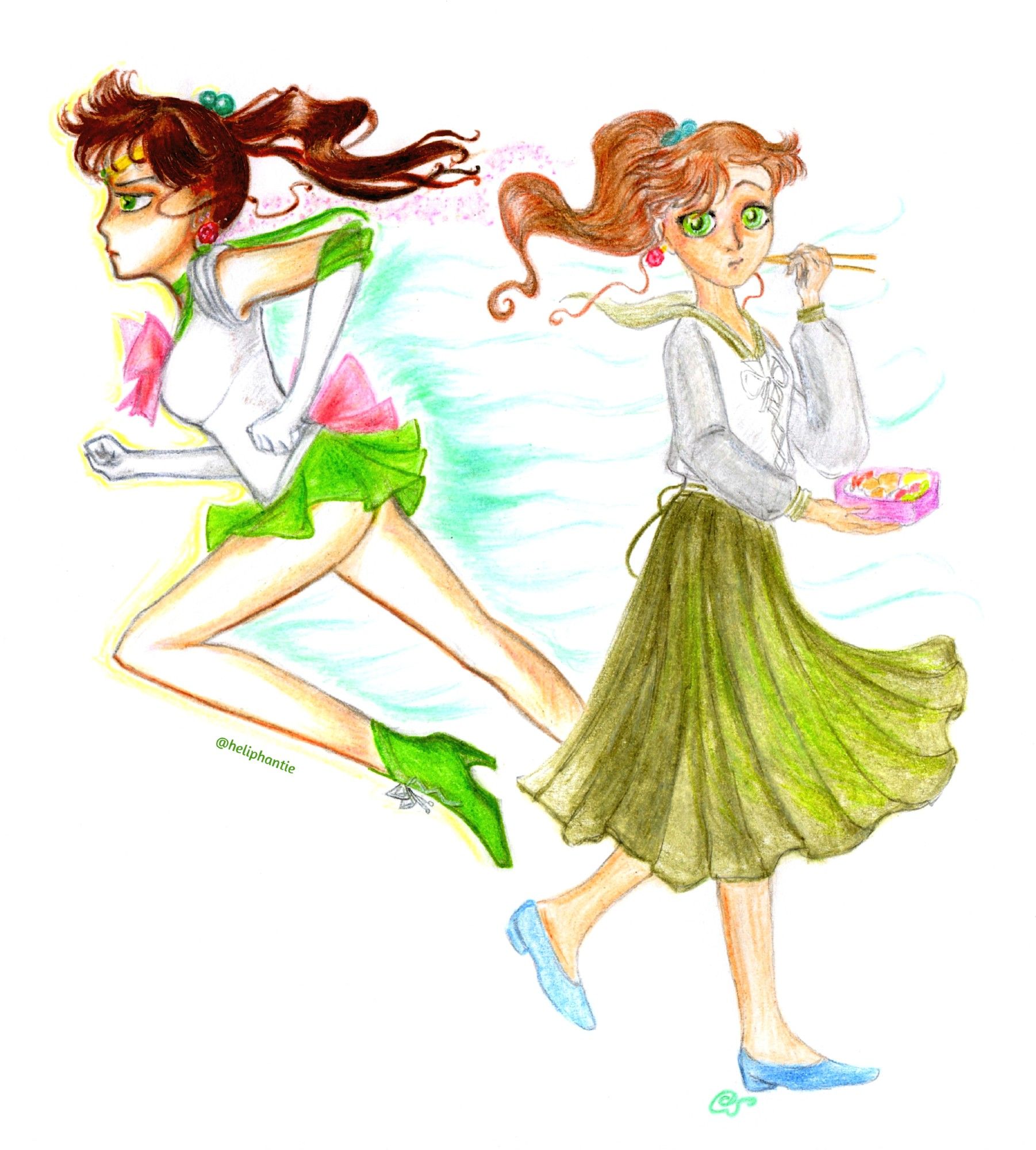 Fanart depicting Makoto Kino from Sailor Moon and her Sailor Jupiter form side by side, with Makoto walking in her school clothes while eating from bento box, and Sailor Jupiter running past her with expression of determination.