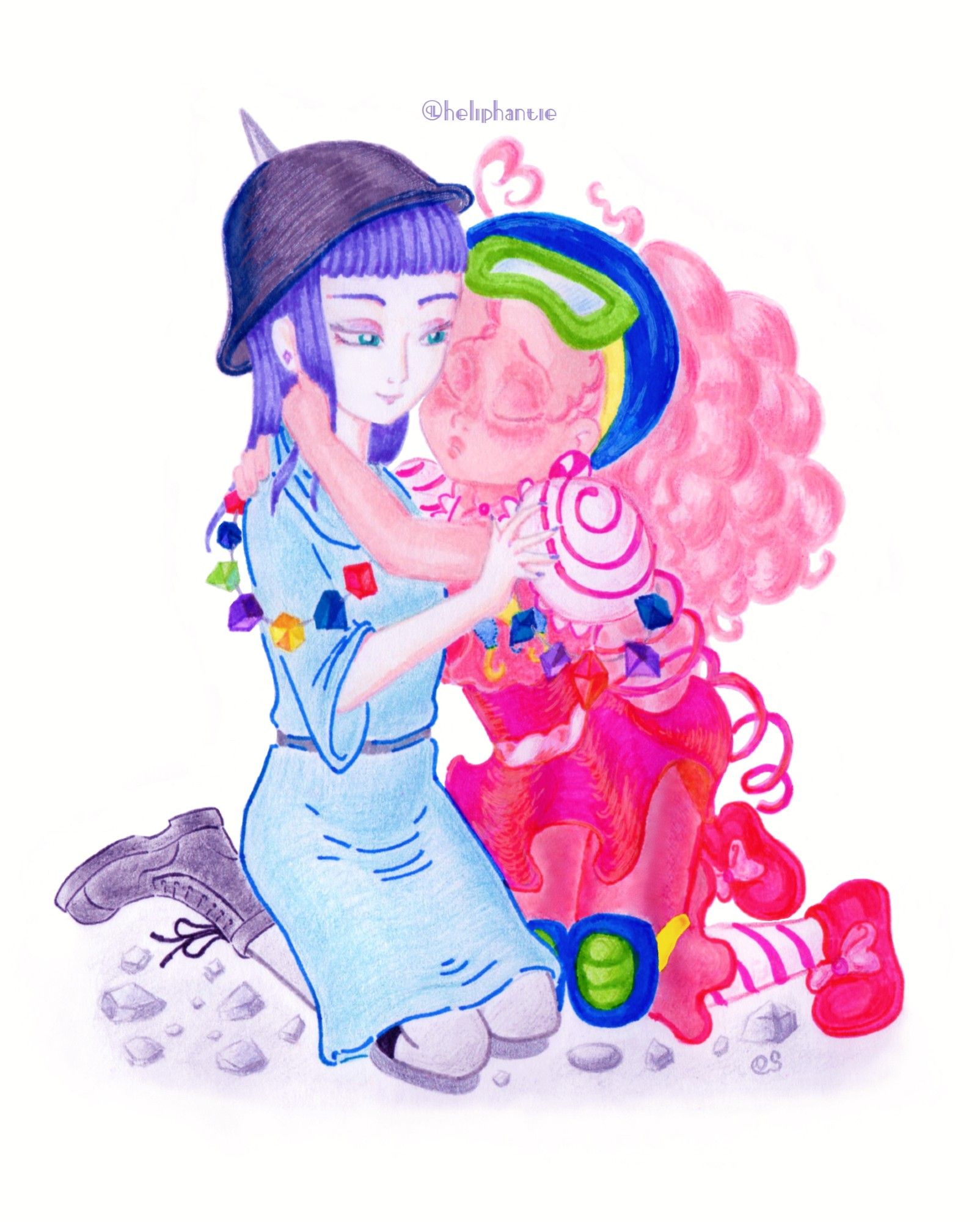 Fanart depicts humanized versions of Pinkie Pie and Maud Pie from episode "Maud Pie" of "My Little Pony: Friendship is Magic". They sit on the rocky ground in kneeled positions, Pinkie hugs Maud to which Maud responds with little smile. They're dressed in safety gears for obstacle course Pinkie set in the episode. They also wear candy necklaces they made for each other.