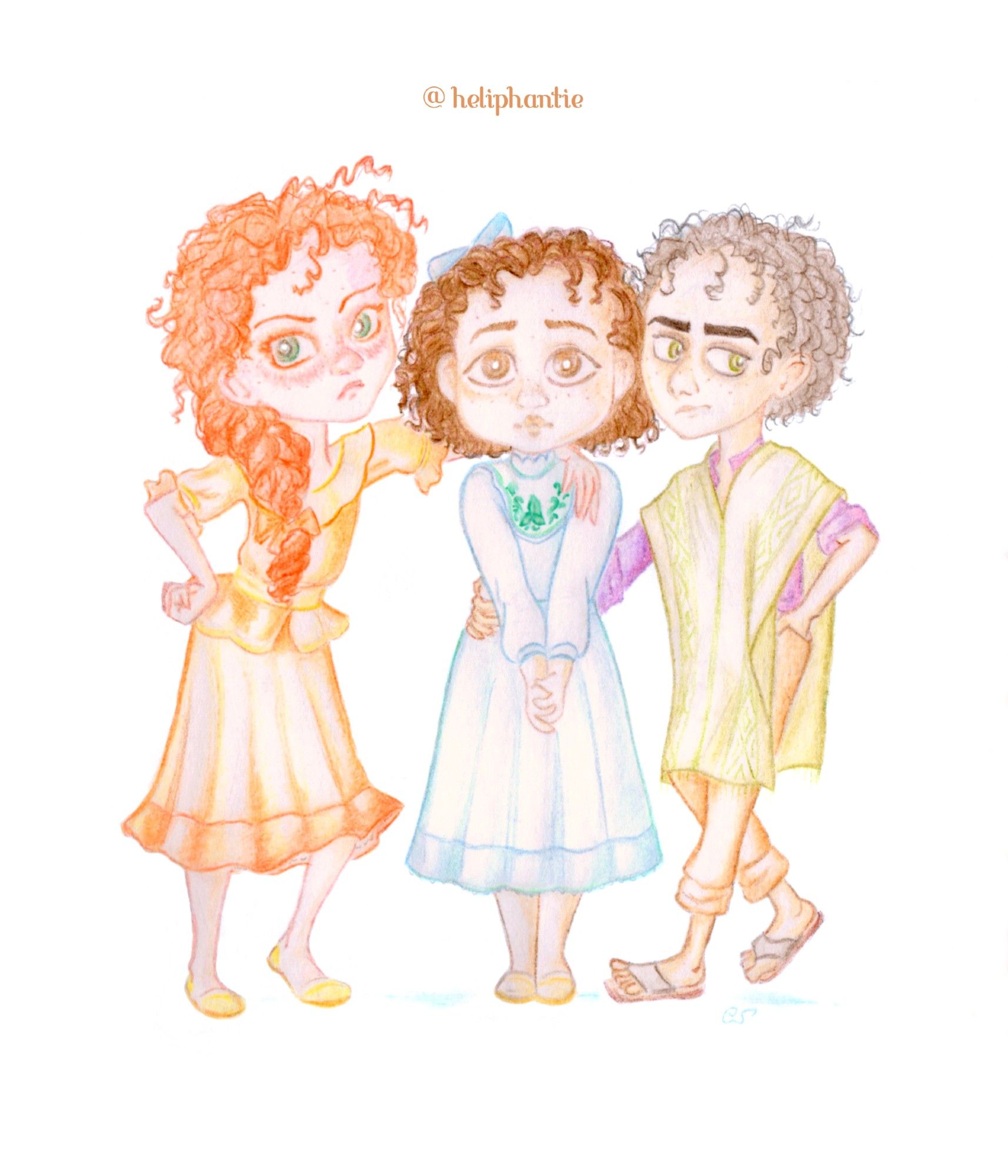 Fanart inspired by “Encanto” movie: full-body image of Madrigal triplets as children, with Julieta in the middle, timidly clutching her hands and looking straight at viewer, Pepa and Bruno on the left and right of her, casting hostile glances at supposed surroundings. Pepa has her right hand on her hip, her left hand is around Julieta’s shoulders. Bruno keeps his left hand in the pocket of his pants, his right hand is around Julieta’s waist.