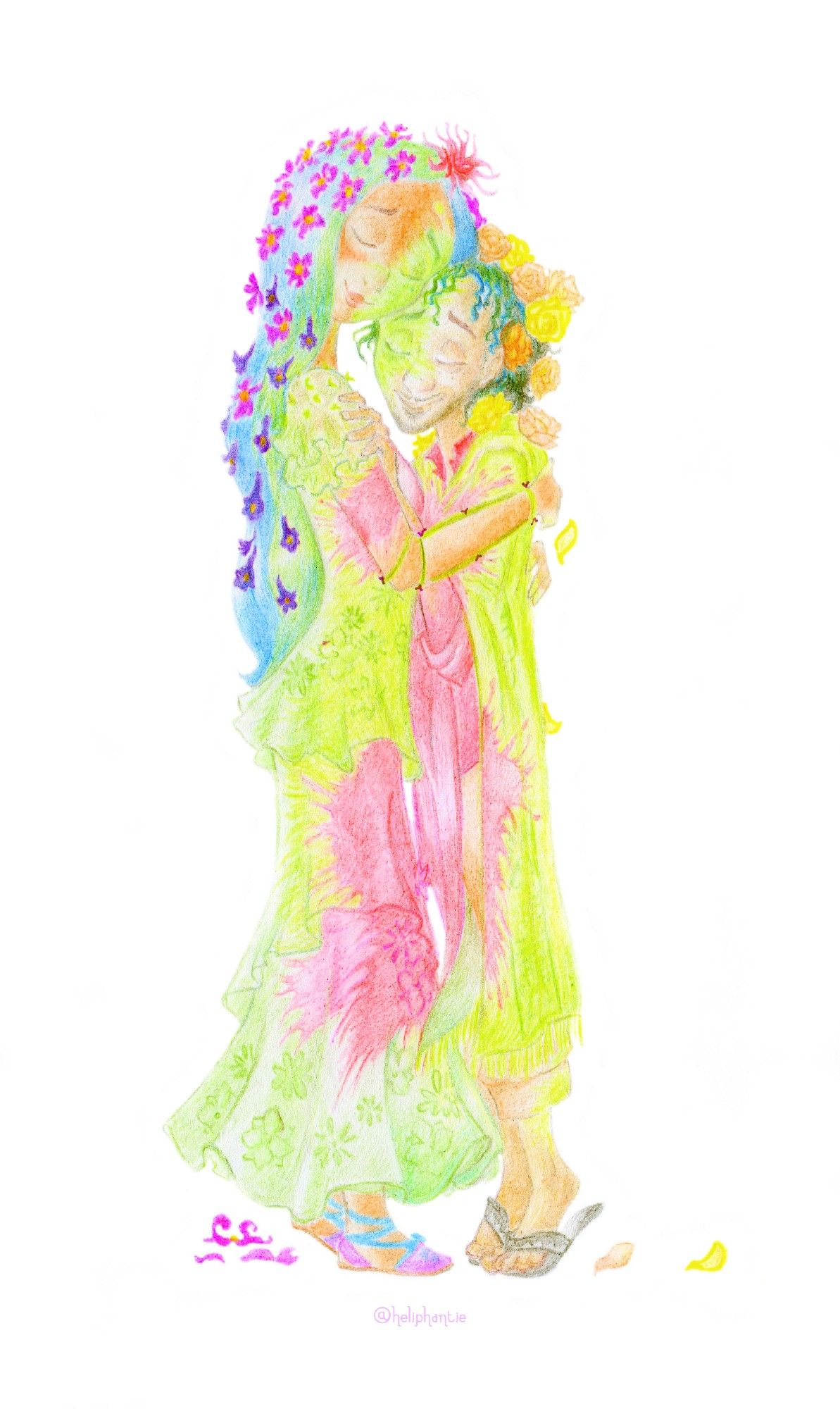 Fanart inspired by “Encanto” movie: Full-body image of Isabela Madrigal holding her uncle Bruno in gentle embrace. Both have their hair, clothes and partially faces covered in splashes of colorful pink, green and blue paint. Isabela has jacaranda and tabebuia flowers all over her hair. Bruno has yellow and orange roses on his head and shoulders. Their eyes are closed, both are smiling lovingly. Composition is reminiscent to the scene of Isabela hugging Mirabel in the end of “What Else Can I Do?” and (unintentionally) slightly to “The Kiss” painting by Gustav Klimt.