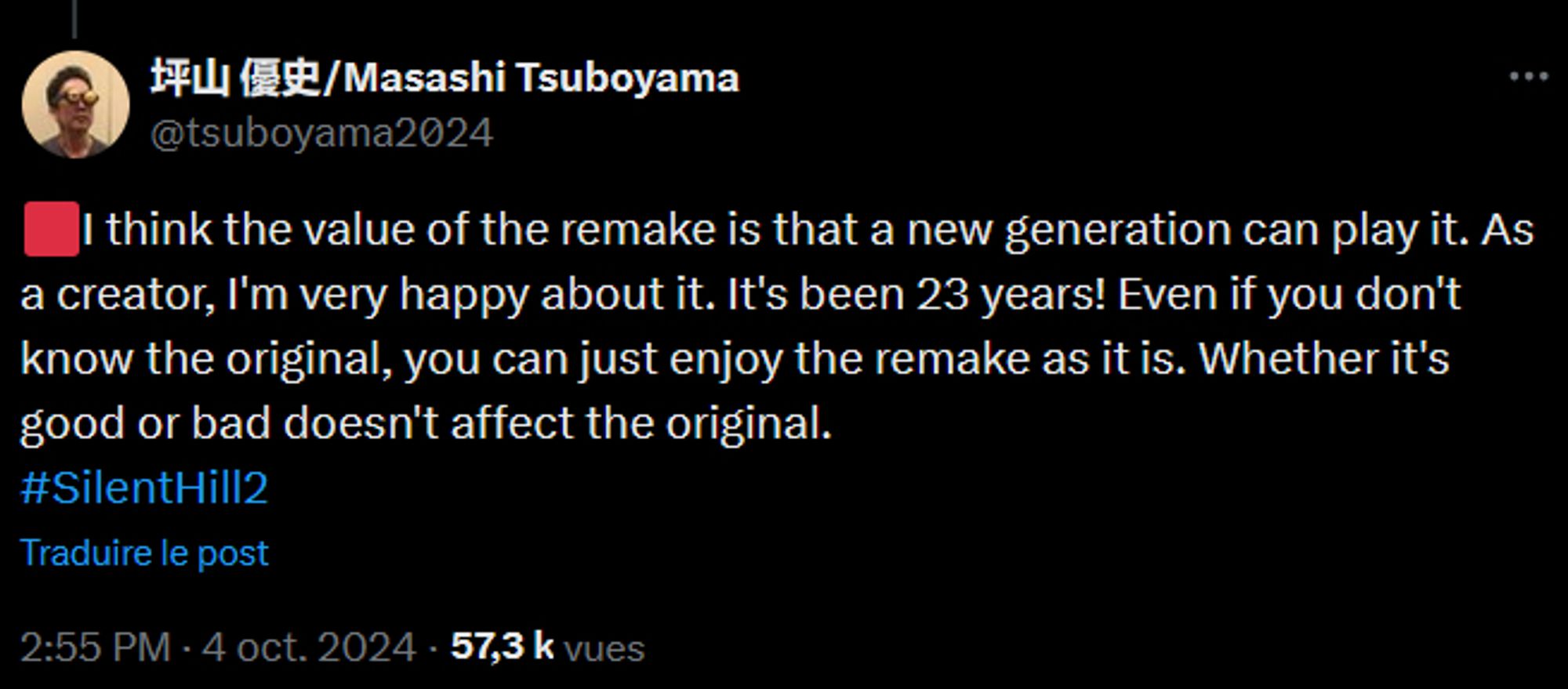 Masashi Tsuboyama, directeur de Silent Hill 2 (2001) a tweeté : "The thing to note is the change in camera (perspective). The change in playable camera has a significant impact on many aspects,combat,level design, art creation,etc. While the impact on the story may be relatively small, it brings a big change to the playfeel of the game."