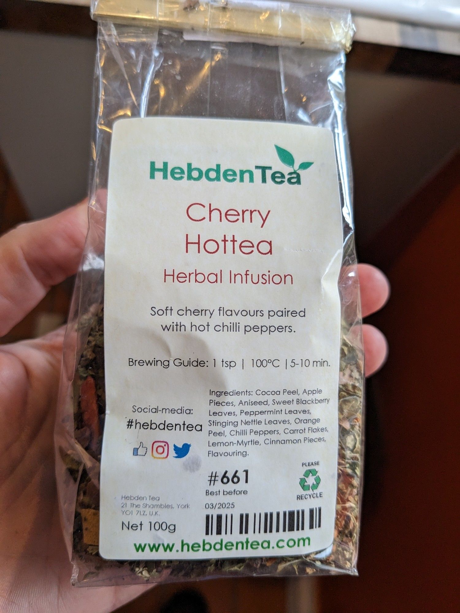 "Cherry Hottea herbal infusion: Soft cherry flavours paired with hot chili peppers"