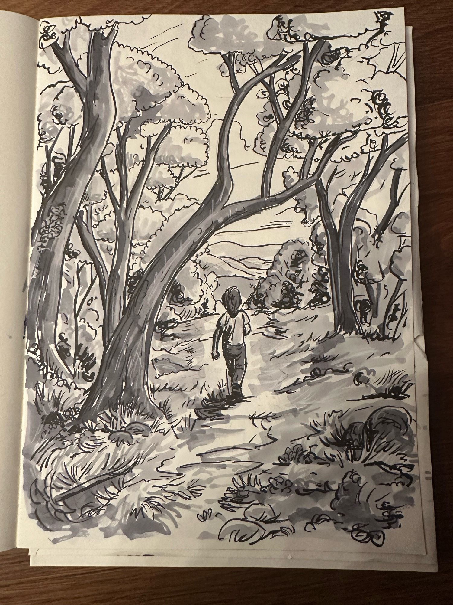 A child hiking through the woods, pen and ink and copic marker