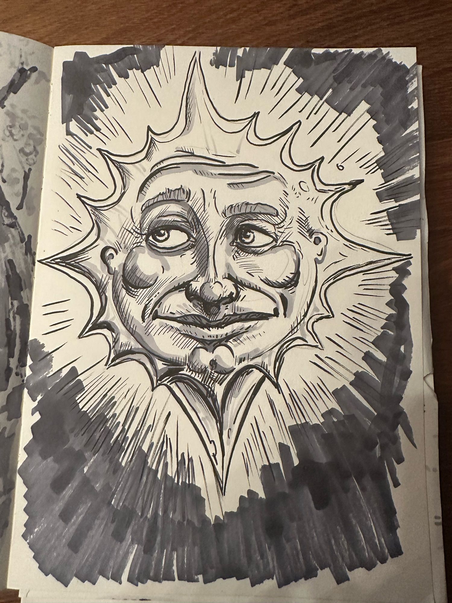 An art deco’ish depiction of the Sun in pen and ink