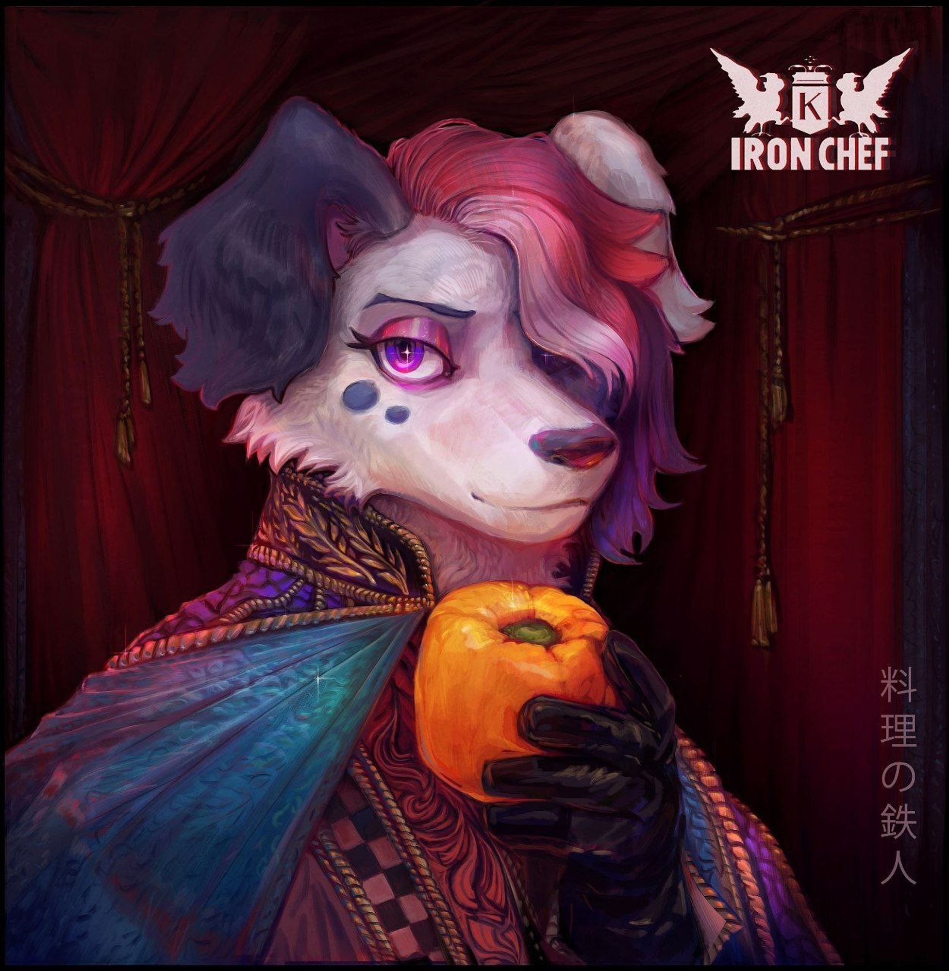 Iron chef Japan chairmen styled outfit on an anthro dog. She is holding a bellpepper in a leather gloved hand, gazing toward the viewer.