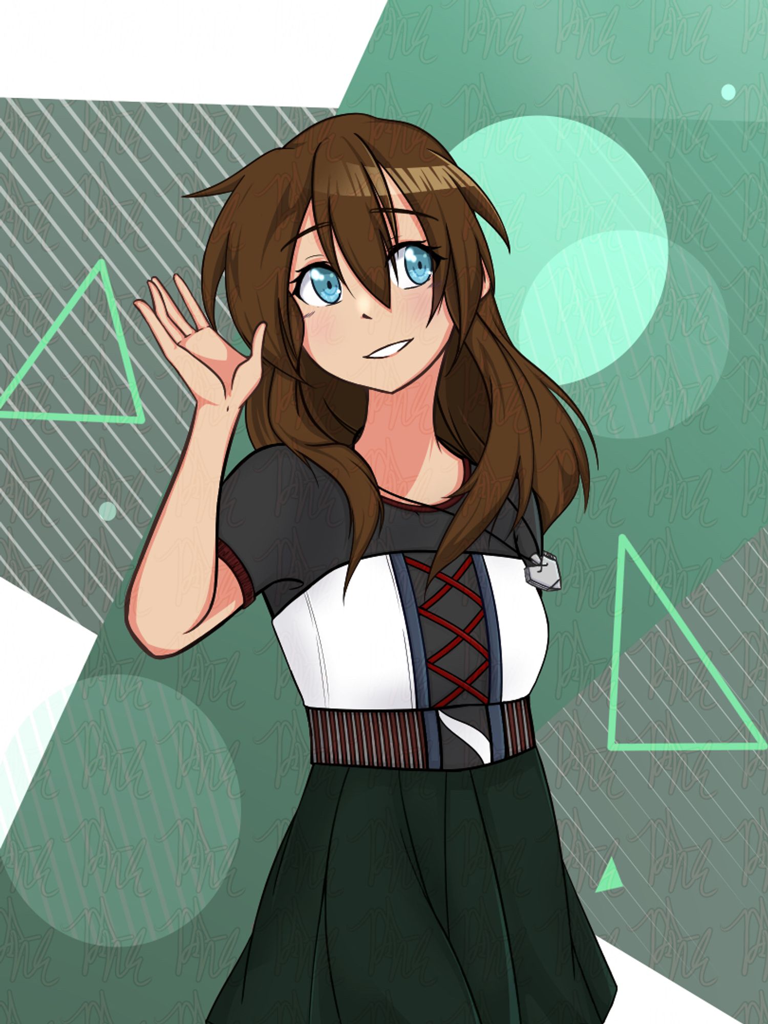 Original Character Runa posed in a wave to the camera, in a Project Sekai inspired outfit/dress. Top half of dress consists of a black/gray sleeves, a white corset-like top with red laces. A maroon and silver belt with a gray/white center. Bottom half is a simple dark green skirt.