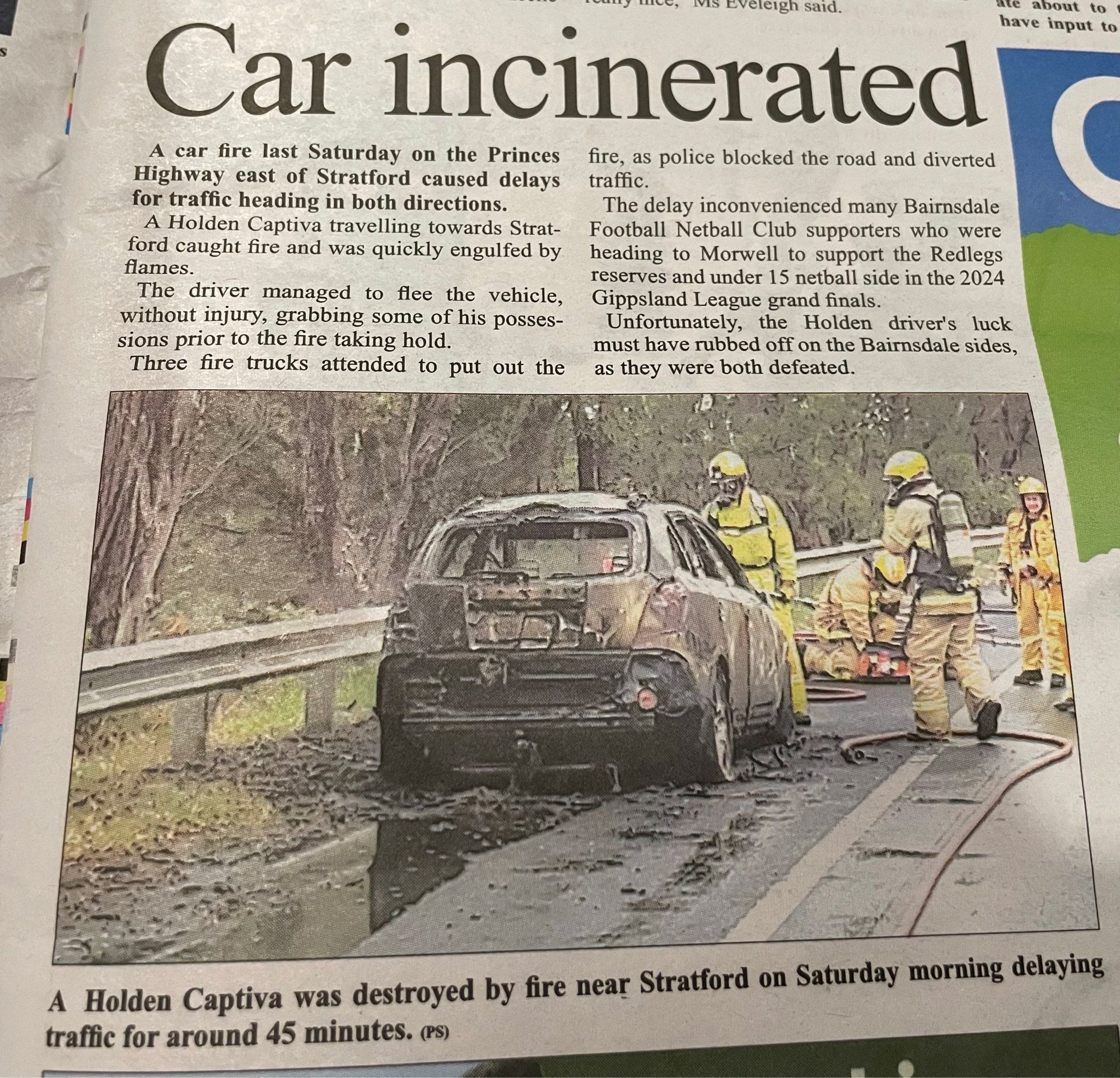 Newspaper article captioned “Car incinerated” detailing the story of a car fire on the Princes Highway.