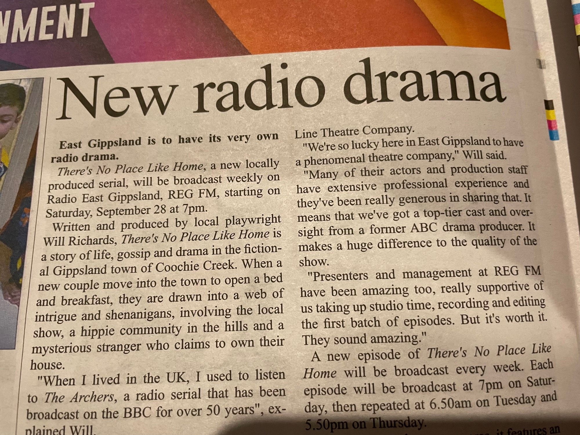 Newspaper article captioned “New radio drama” detailing a new Archers-esque serialised radio play on Radio East Gippsland.