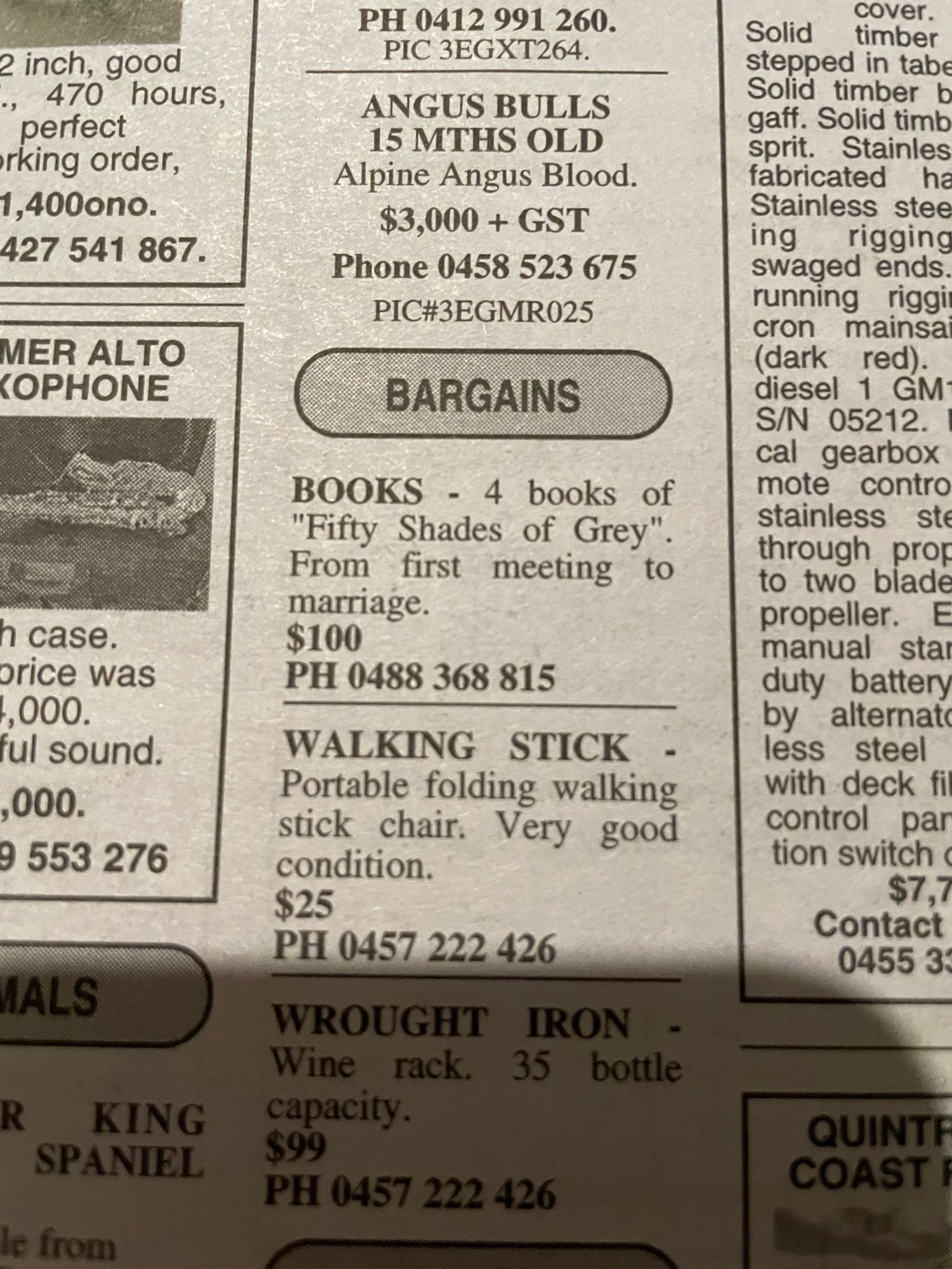 From the ‘Bargains’ column in the Classifieds section, an advertisement for “BOOKS - 4 books of ‘Fifty Shades of Grey’. From first meeting to marriage. $100”