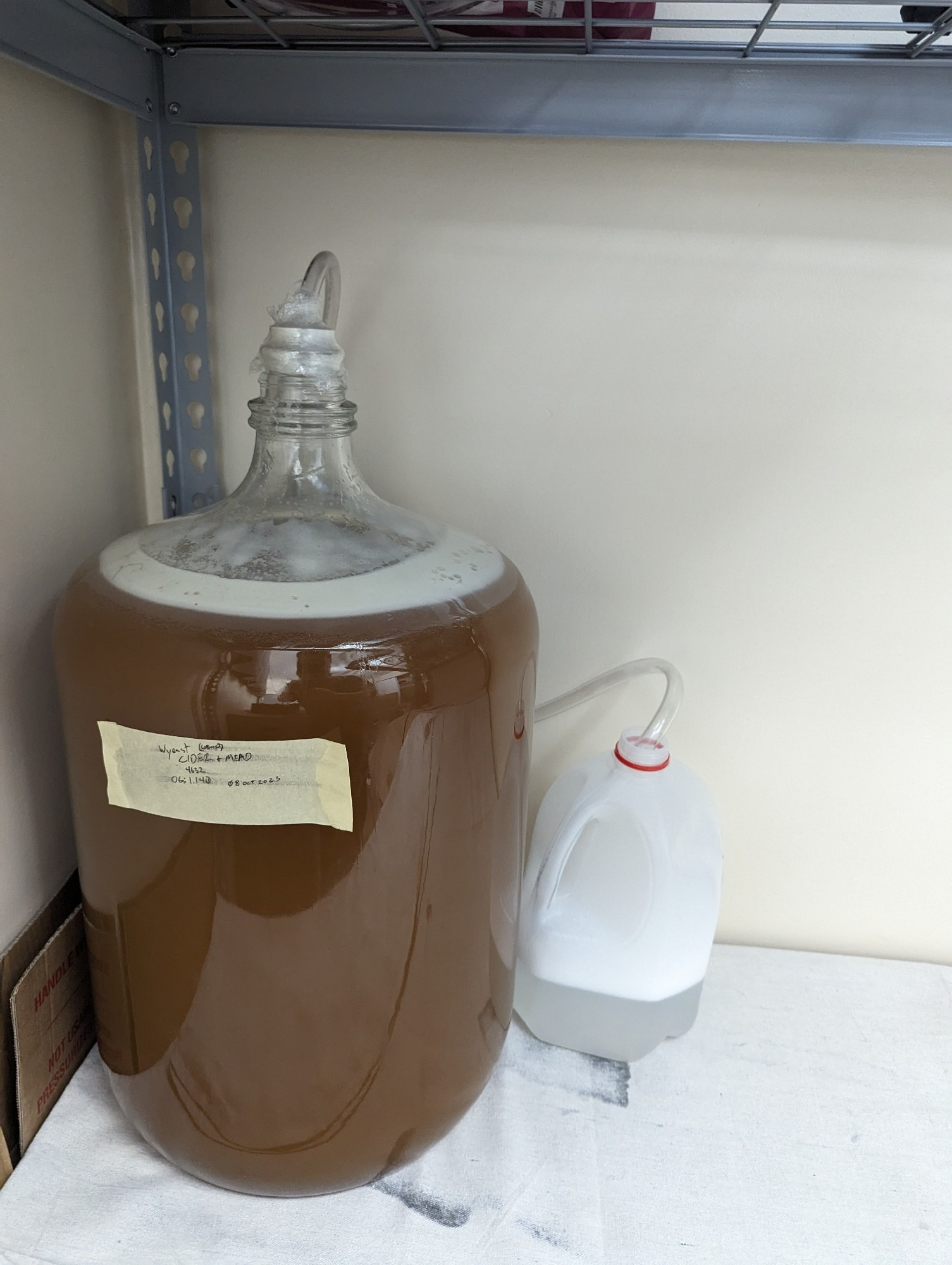 Large 6 gallon carboy with brown liquid and blow-off line connected to a 1 gallon jug.