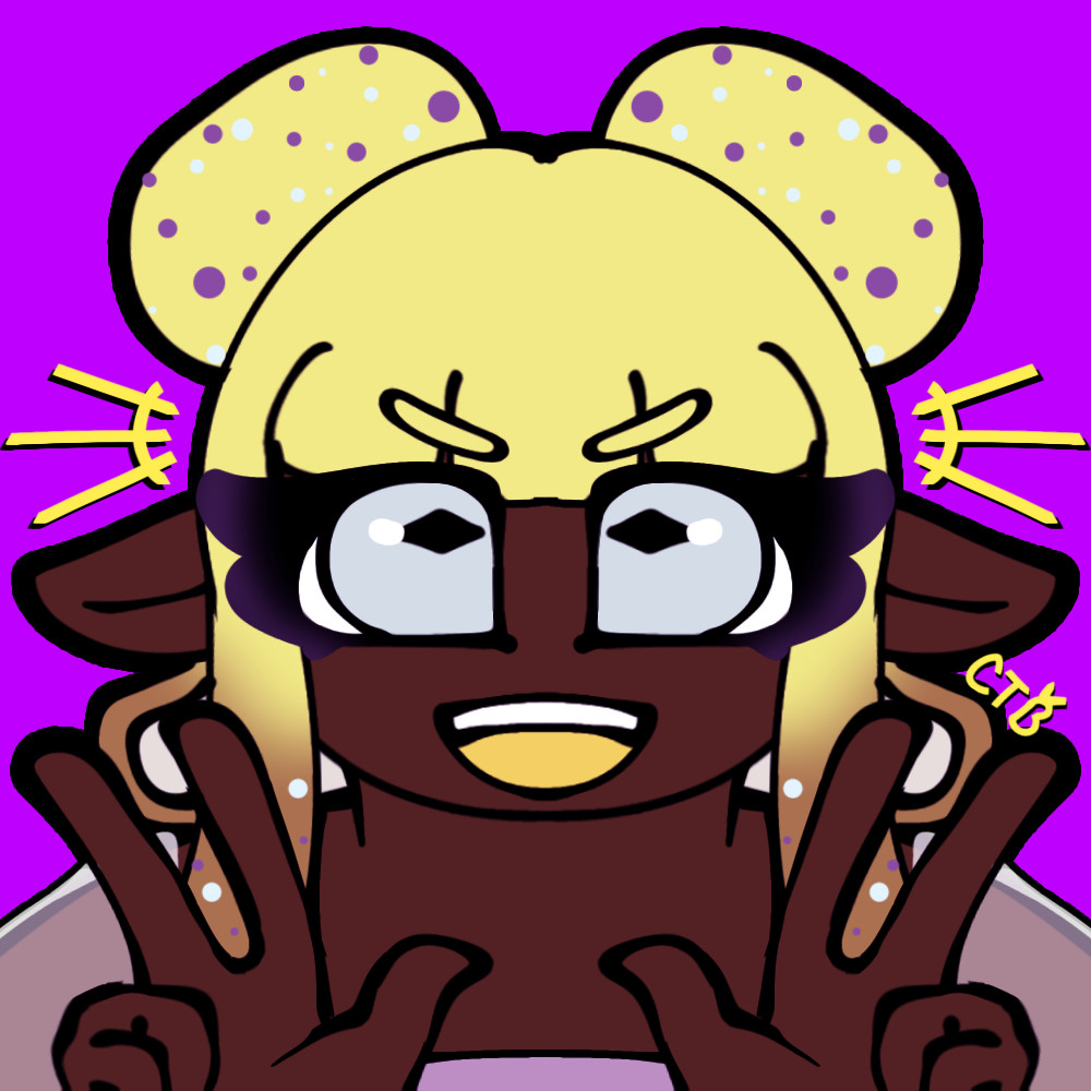 A Splatoon Jellyling (Jellyfish) OC!!
Shoulders up drawing with a bright purple background as the character holds up finger peace signs with both hands
