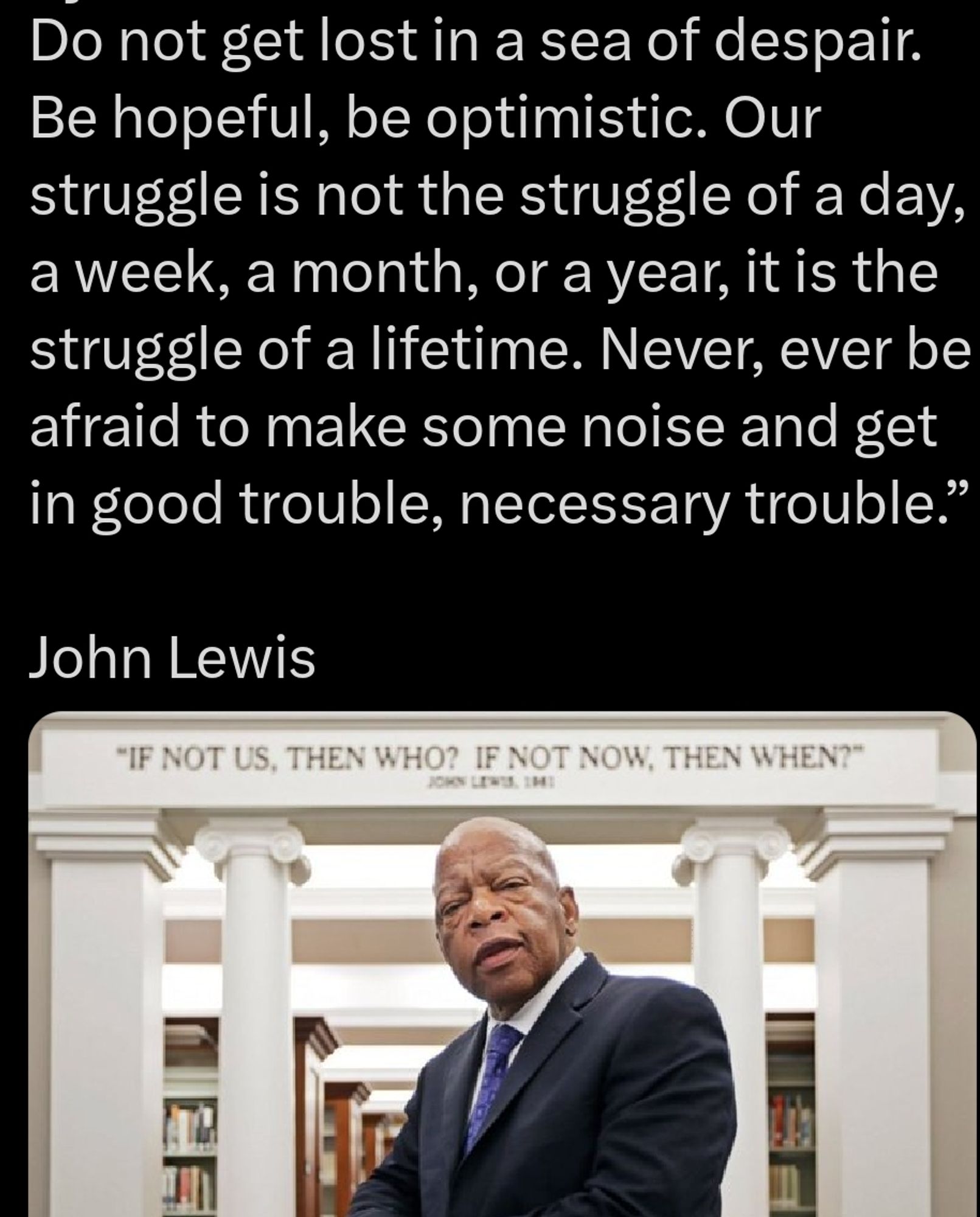 Do not get lost in a sea of despair. Be hopeful, be optimistic. Our struggle is not the struggle of a day, a week, a month, or a year, it is the struggle of a lifetime. Never, ever be afraid to make some noise and get in good trouble, necessary trouble.”

John Lewis