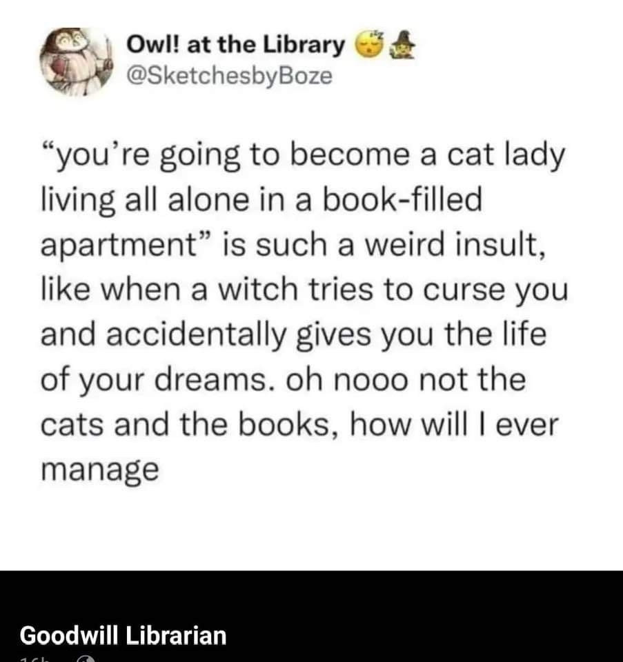Owl! at the Library

@SketchesbyBoze

"you're going to become a cat lady living all alone in a book-filled apartment” is such a weird insult, like when a witch tries to curse you and accidentally gives you the life of your dreams. oh nooo not the cats and the books, how will I ever manage

Goodwill Librarian