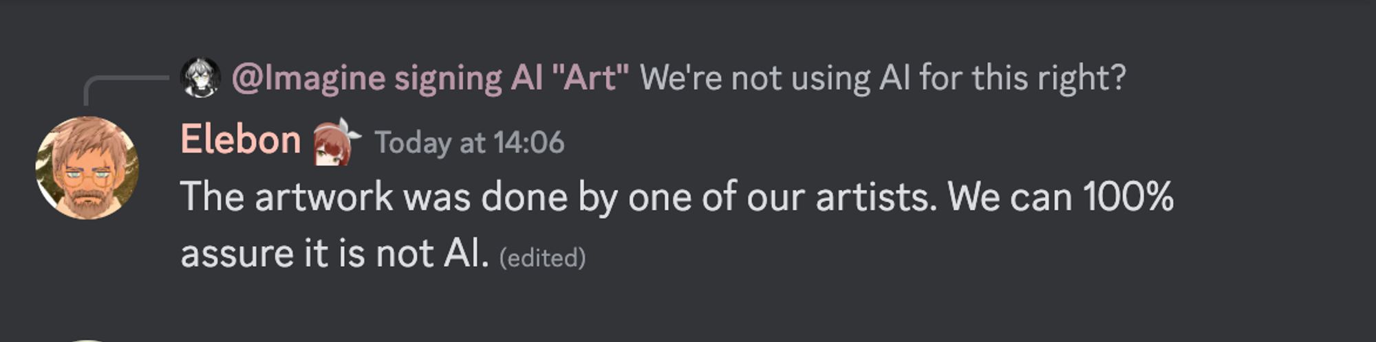 Community Manager for Mabinogi:Fantasy Life responding to a question about the use of AI in the promo material, saying "The artwork was done by one of our artists. We can 100% assure it is not AI"