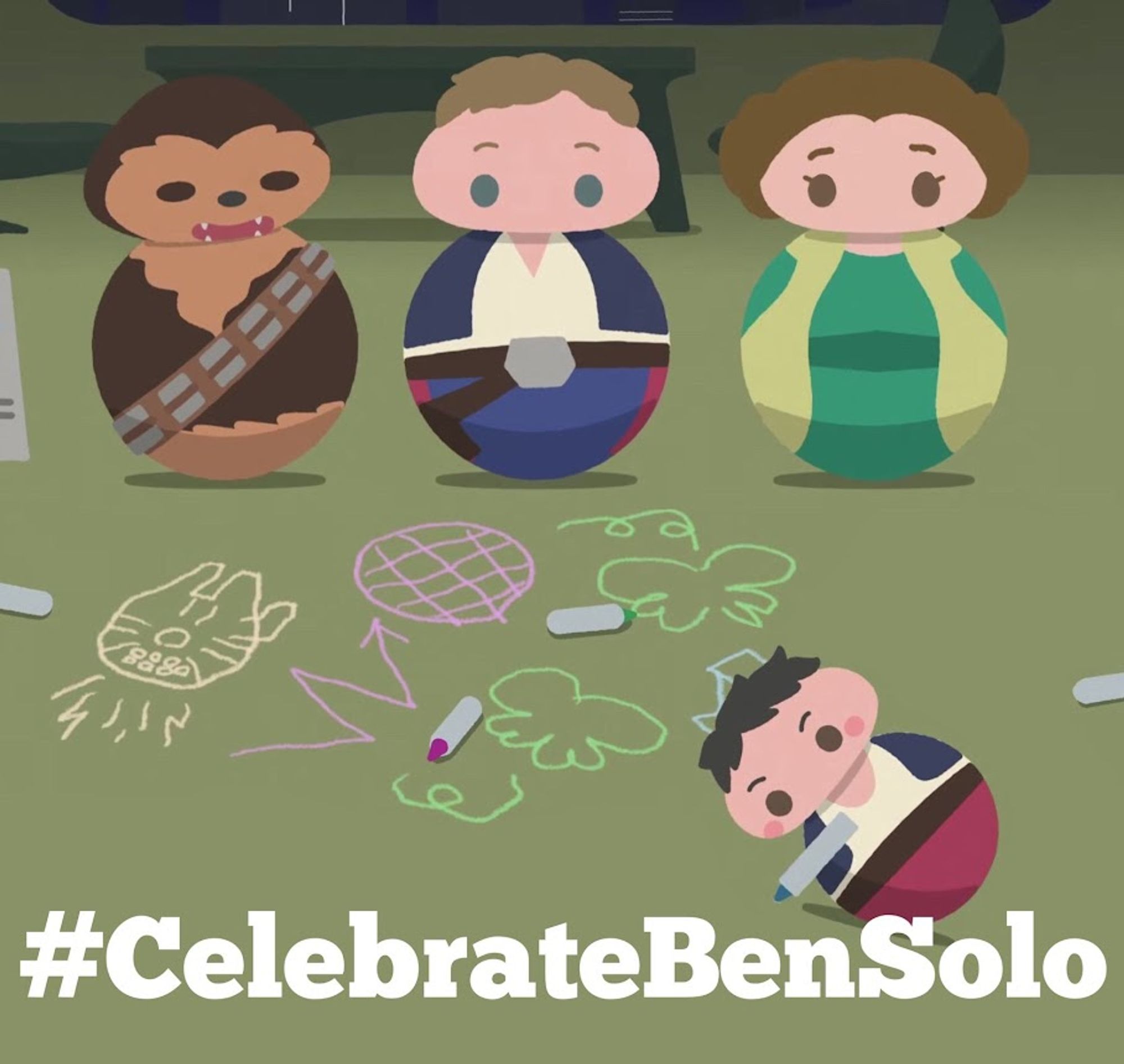 "Rollie" style Chewbacca, BenSolo & Princess Leia watching Ben Solo drawing with chalk & #CelebrateBenSolo at bottom of image.