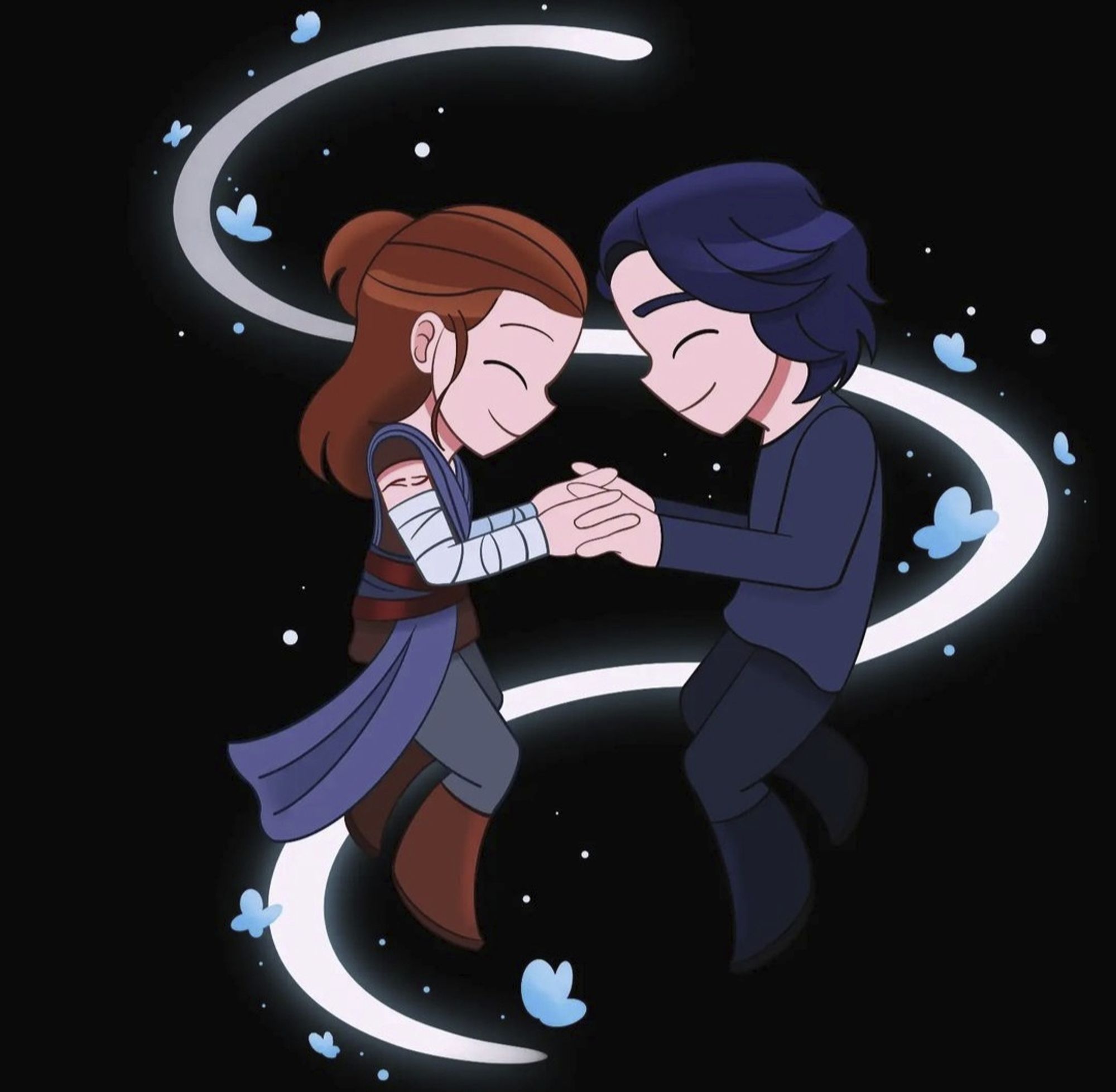 Chibi style art of Rey, on left side, and Ben Solo on right, against a black backdrop w/blue butterflies