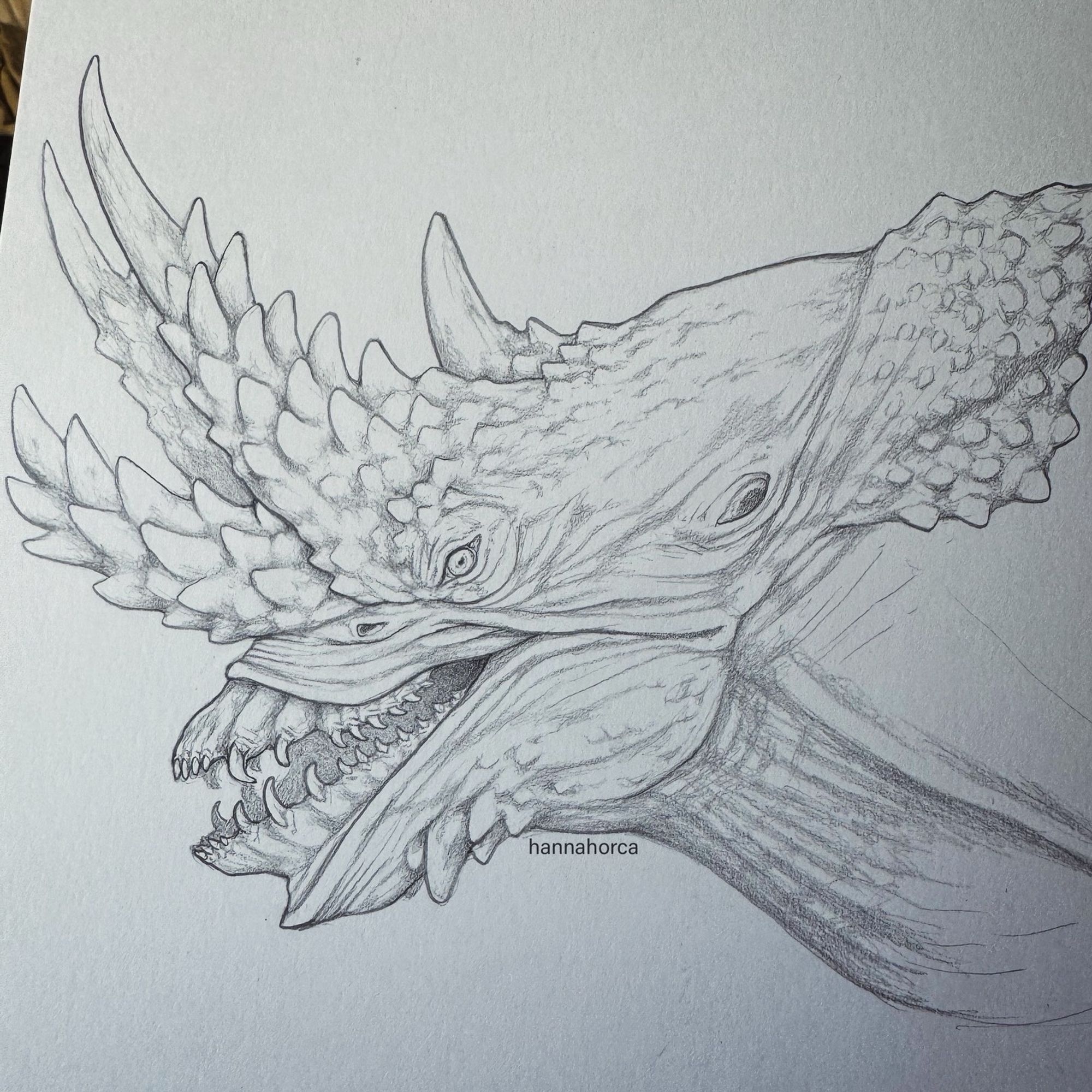 Pencil drawing of a dragon with many bumpy horns on its face