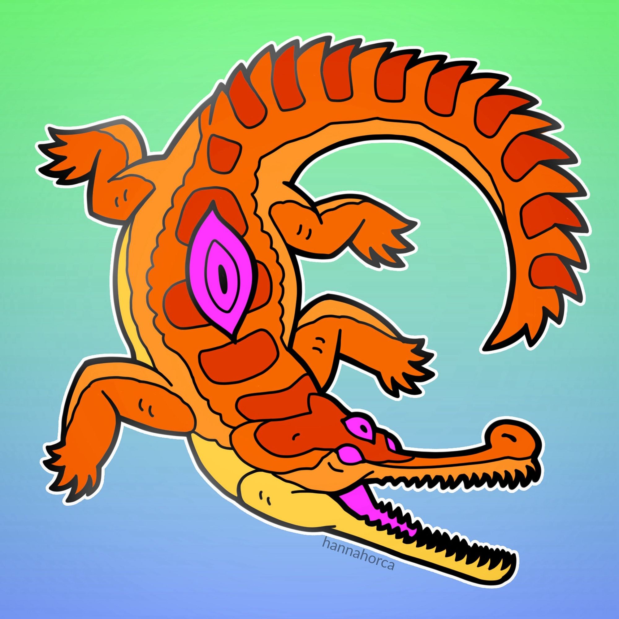 Illustration of a Gharial with bright colors and extra eyes on its body