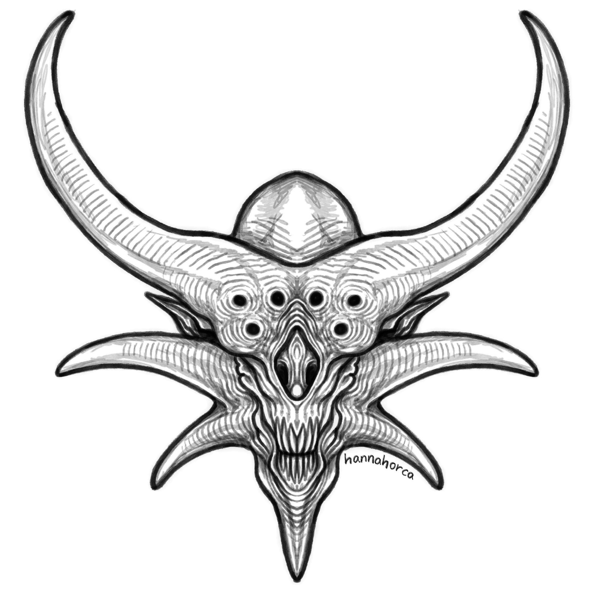 Black and white drawing of a demon head. It has multiple horns