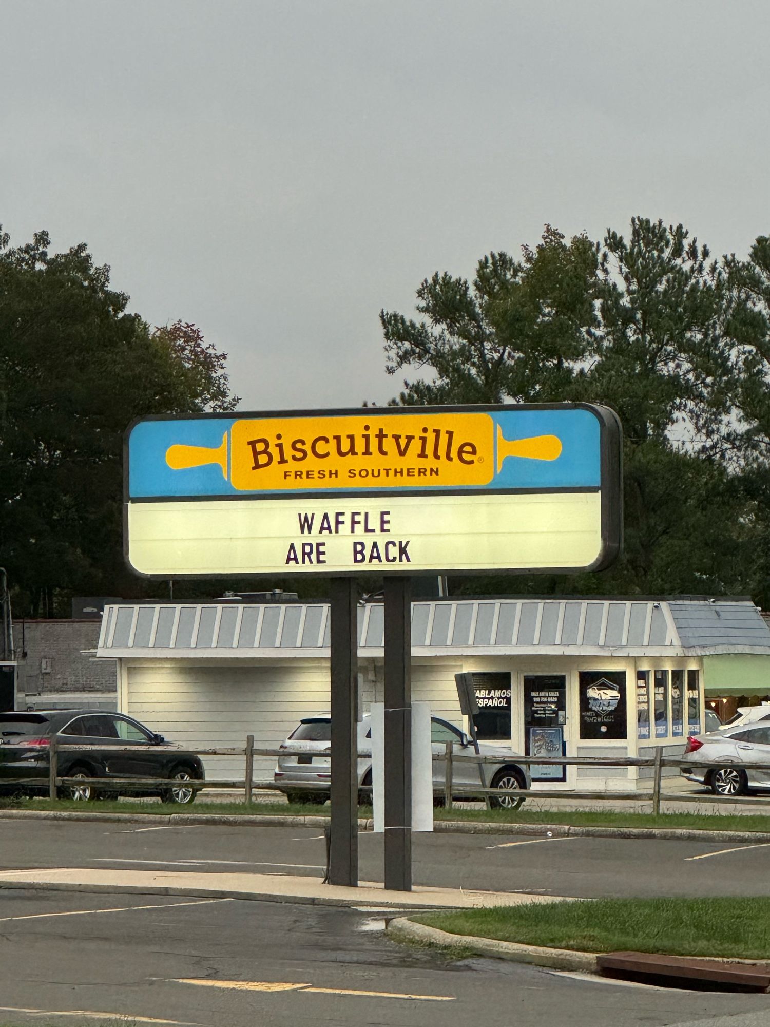 A Biscuitville marquee in Durham, North Carolina reading “waffle are back