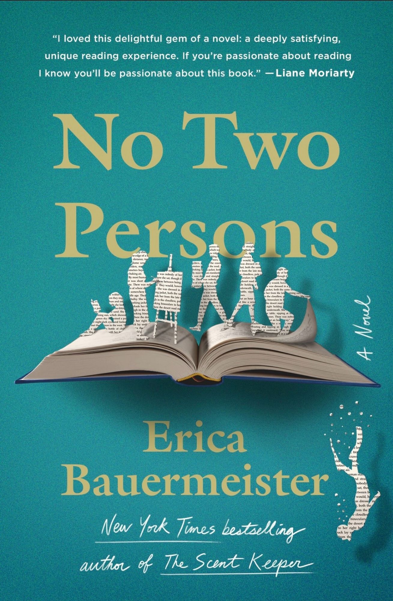 An open book with people are cut from the book pages. Book cover for NO TWO PERSONS by Erica Bauermeister.