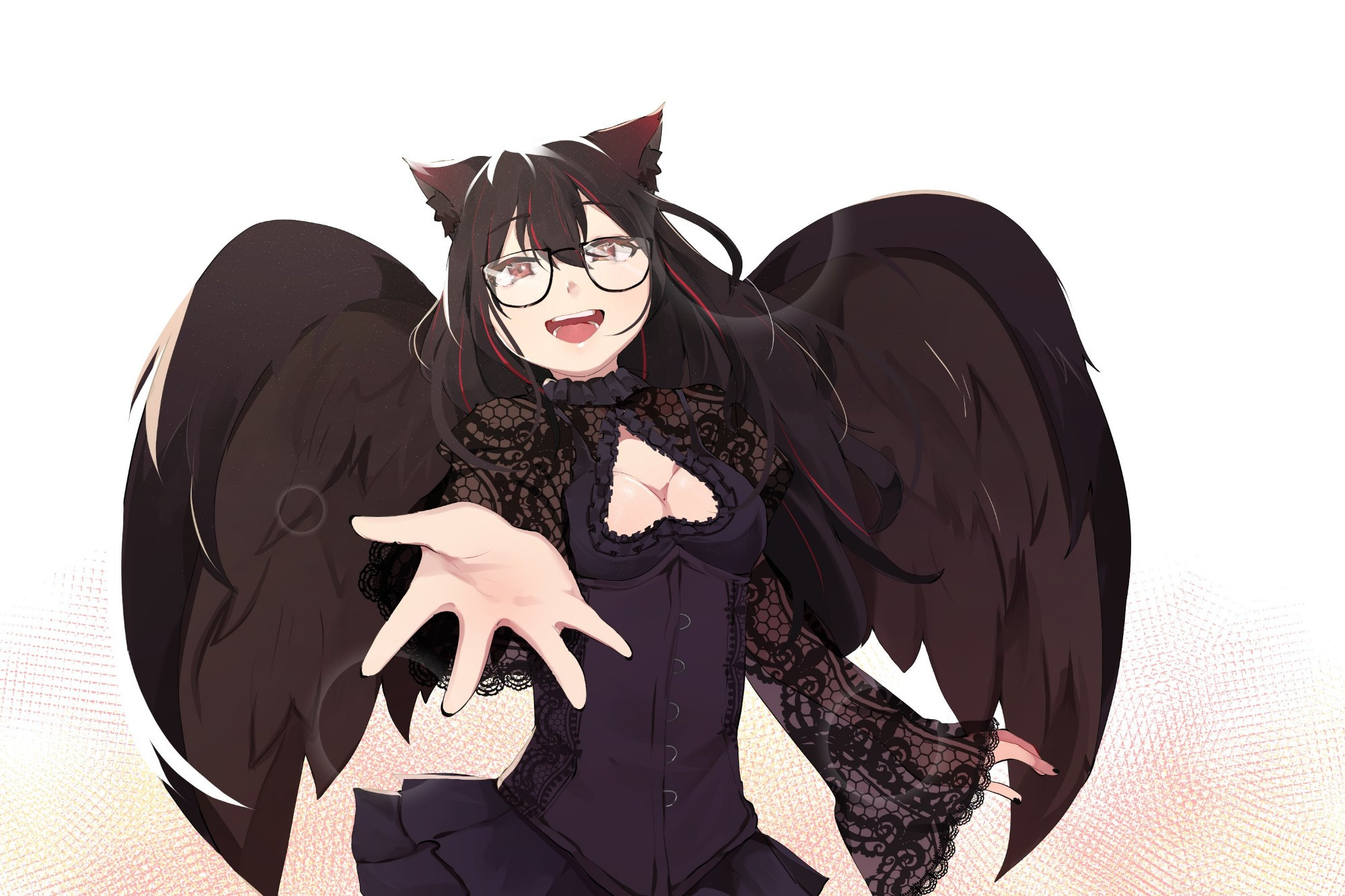 A winged cat girl reaching her hand out to invite you in adventures together.