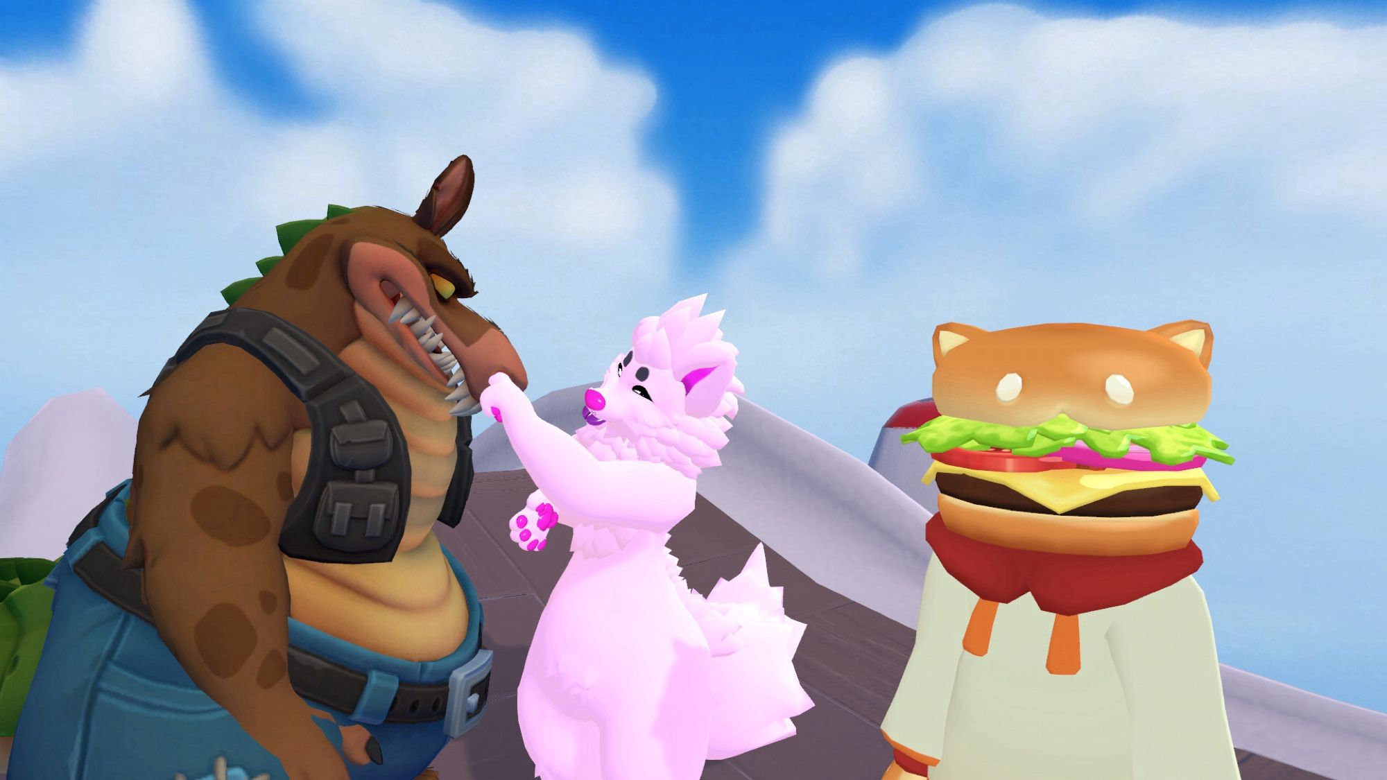 from left to right, amy (dingodile avatar), ozzy (pink fox avatar) and i (burger cat avatar) in a vrchat world. ozzy's avatar is picking amy's avatar's nose as my avatar stares blankly at the camera.