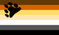 the bear flag: a rectangular flag with (from top to bottom) a brown stripe, an orange stripe, a yellow stripe, a bright tan stipe, a white stripe, a dark grey stripe and a black stripe, all of equal width. at the top left corner is a black paw print that resembles that of a bear's (the actual animal).