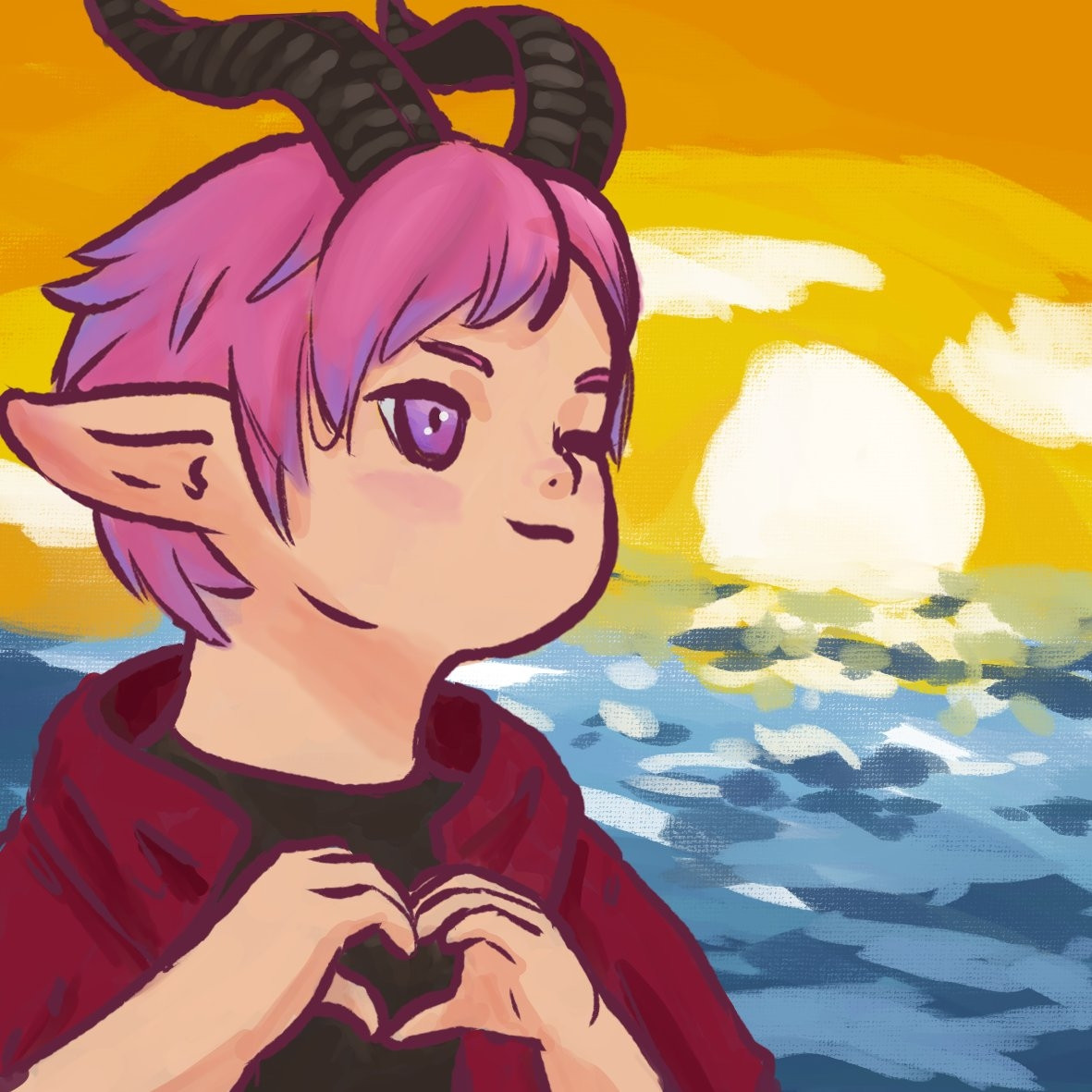 Sketch coloré d'un lalafell de FF14 aux cheveux roses portant un t-shirt noir et une veste rouge et qui fait un coeur avec ses mains 