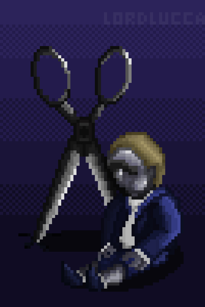 Pixel art depicting a large pair of scissors embedded into the ground next to Scissorman from Clock Tower