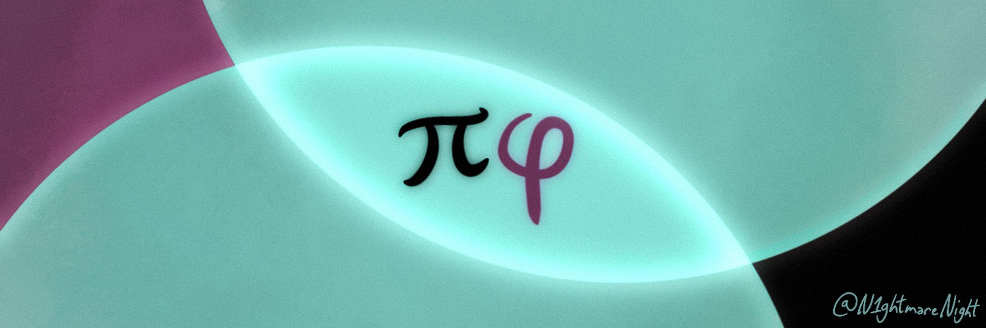 para pride banner - two turquoise diagonally intersecting circles; at the point of intersection there's the greek letters pi and phi in black and dark purpur respectively, the top left corner of the image is dark purpur as well, while the bottom right is black