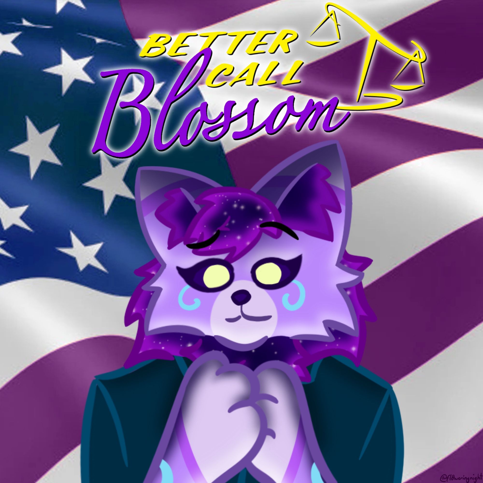 a digital drawing of a purple cat in a dark blue suit, paws folded, with a united states flag in the background, but in purple-white-blue instead of red-white-blue. on the top there is a logo that reads "better call blossom", an edited version of the better call saul logo.