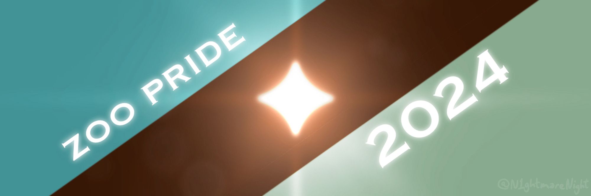 zoo pride banner with blue on the left, green on the right, and a dark brown diagonal slant in the middle from the bottom left to the top right - in the middle of this diagonal slant is a brightly shining four-pointed star, and there is text that reads "zoo pride" above the diagonal slant, and "2024" below it