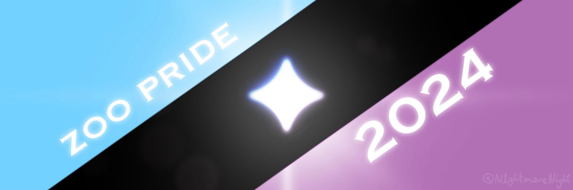 zoo pride banner with blue on the left, purple on the right, and a black diagonal slant in the middle from the bottom left to the top right - in the middle of this diagonal slant is a brightly shining four-pointed star, and there is text that reads "zoo pride" above the diagonal slant, and "2024" below it