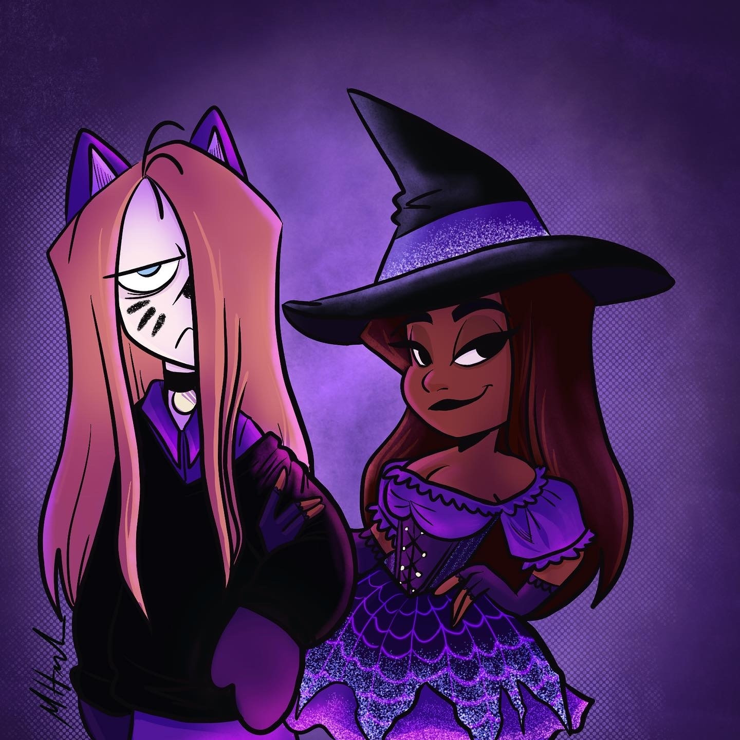 A halloween themed drawing of Colin and Lenore. 

Colin is dressed like a cat, wearing purple cat ears, a simple collar, and painted on black whiskers and nose. He wears a large baggy, black sweater over a long purple shirt and purple mittens. 

Lenore laces her arm with his. She is dressed like a witch, wearing a corsetted purple dress with a glittery spider-web patterned skirt. She wears a black witch's hat and purple fingerless gloves.